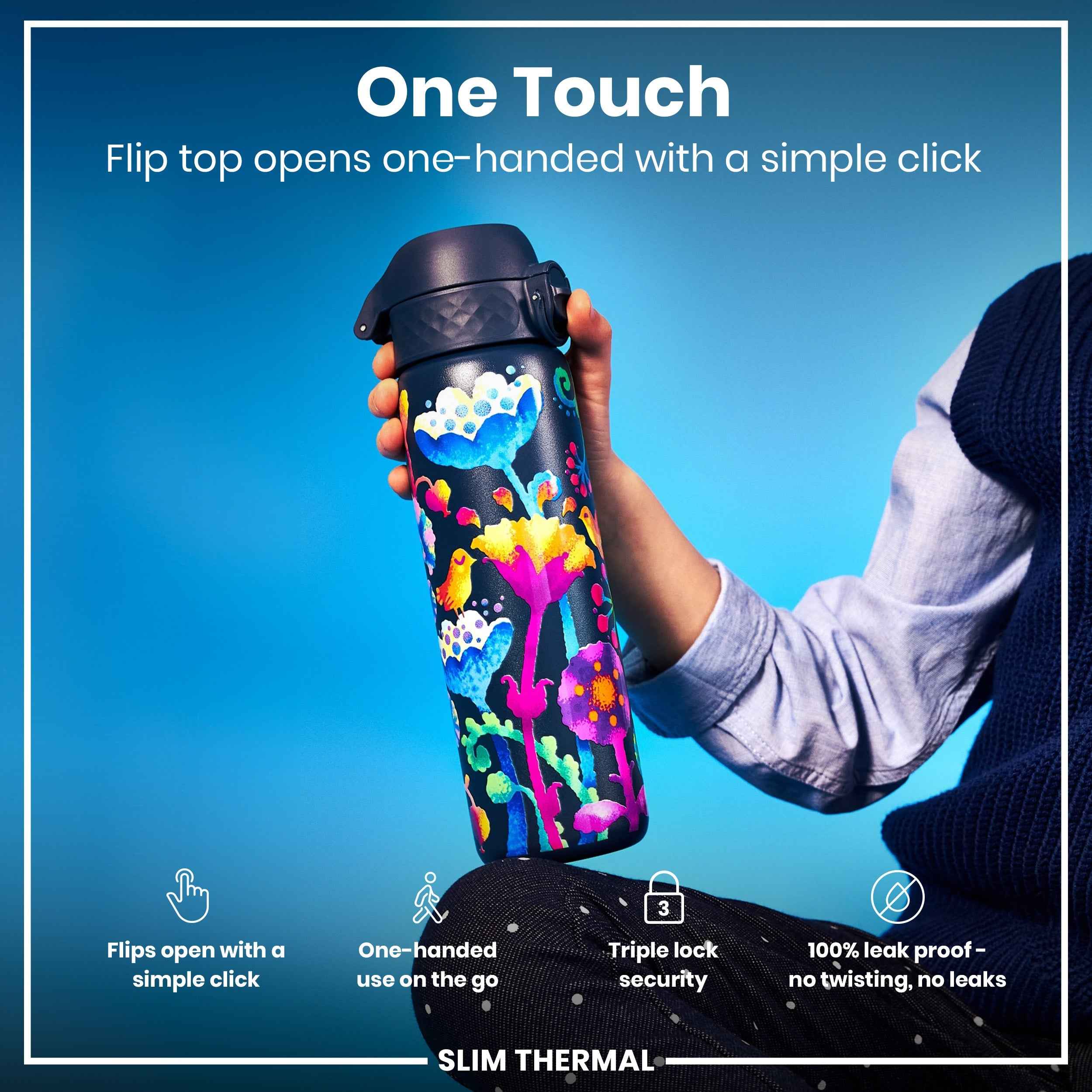 Leak Proof Slim Thermal Water Bottle, Insulated Steel, Bright Floral, 500ml (17oz)