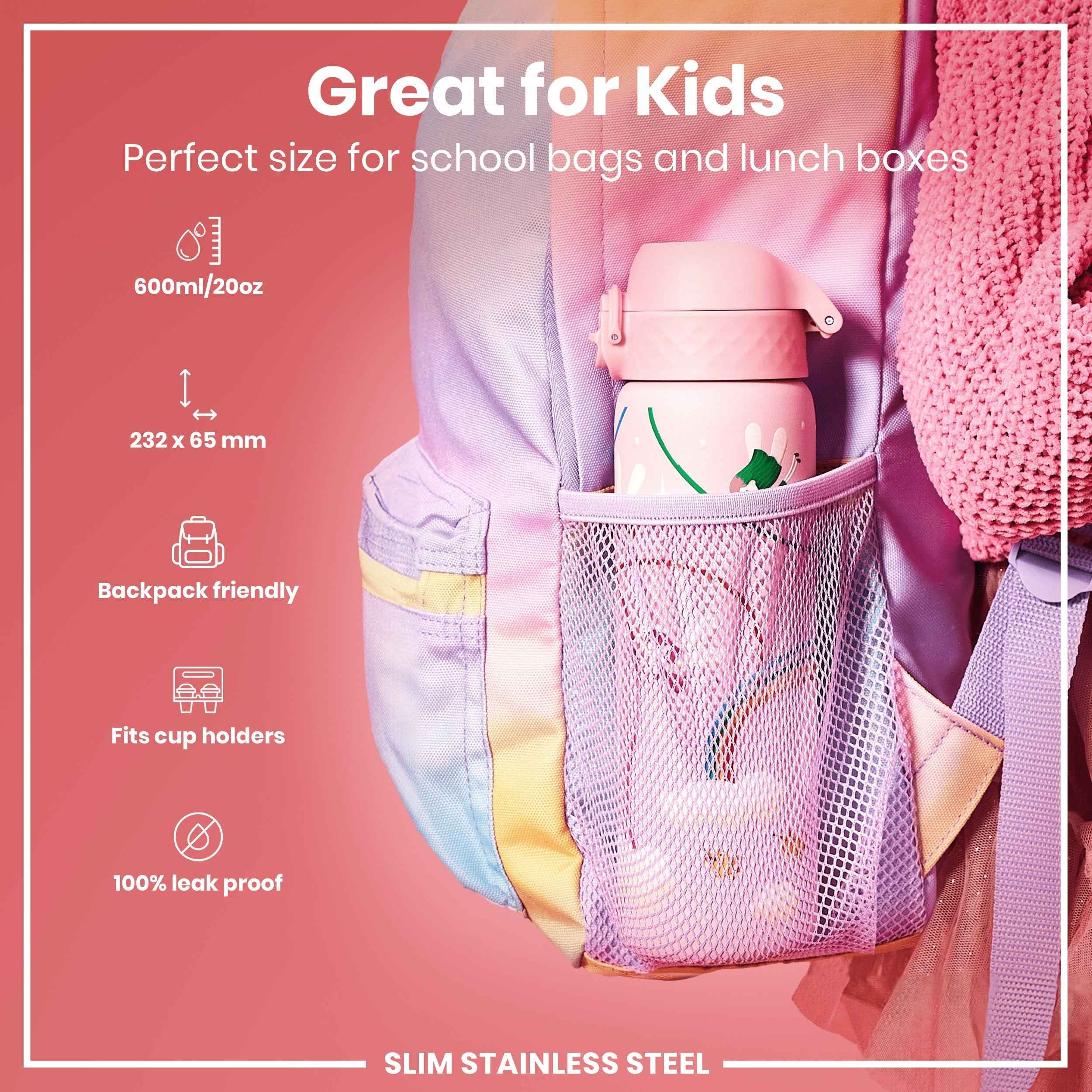 Leak Proof Slim Water Bottle, Stainless Steel, Fairies, 600ml (20oz)