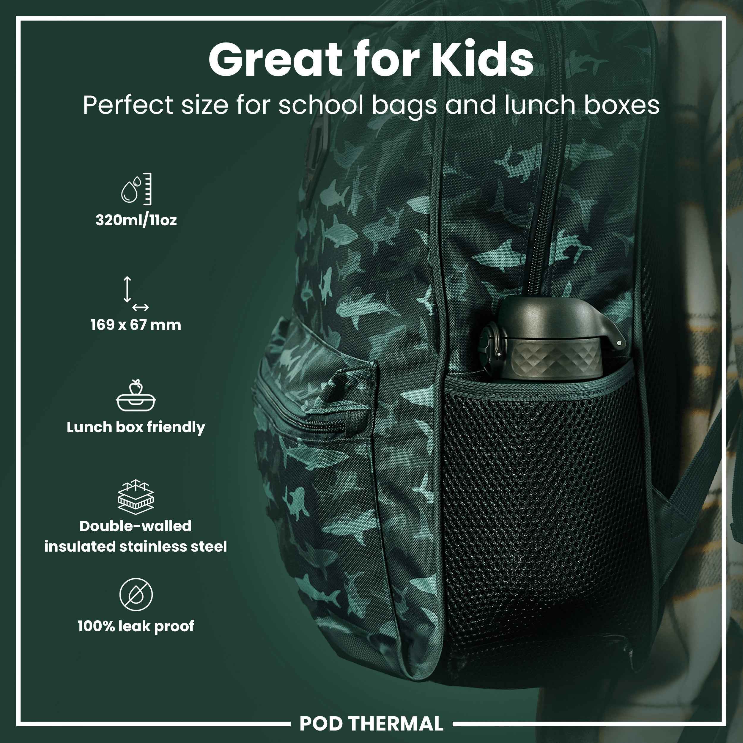 Leak Proof Thermal Steel Water Bottle, Insulated, Dark Green, 320ml (11oz)