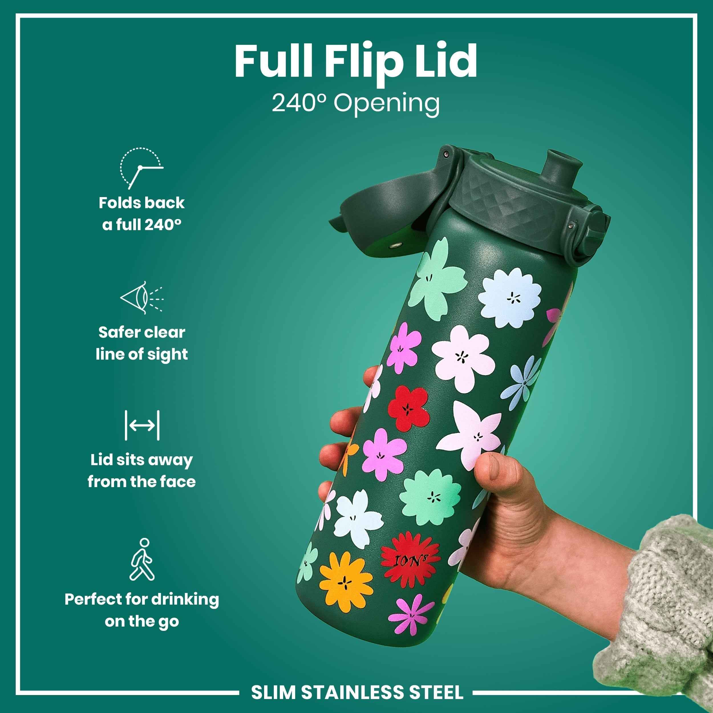 Leak Proof Slim Water Bottle, Stainless Steel, Floral, 600ml (20oz)