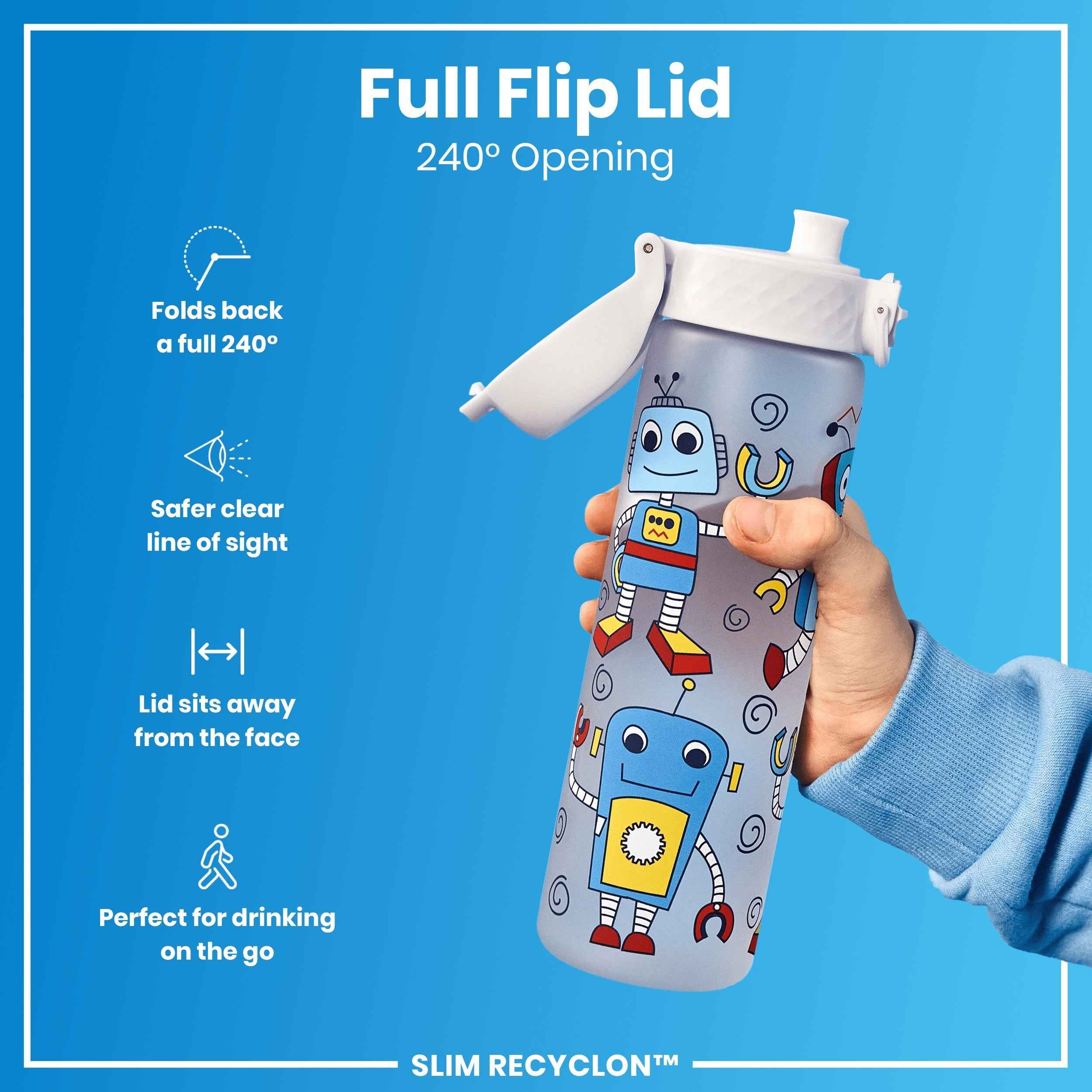 Leak Proof Slim Water Bottle, Recyclon, Robots, 500ml (18oz)