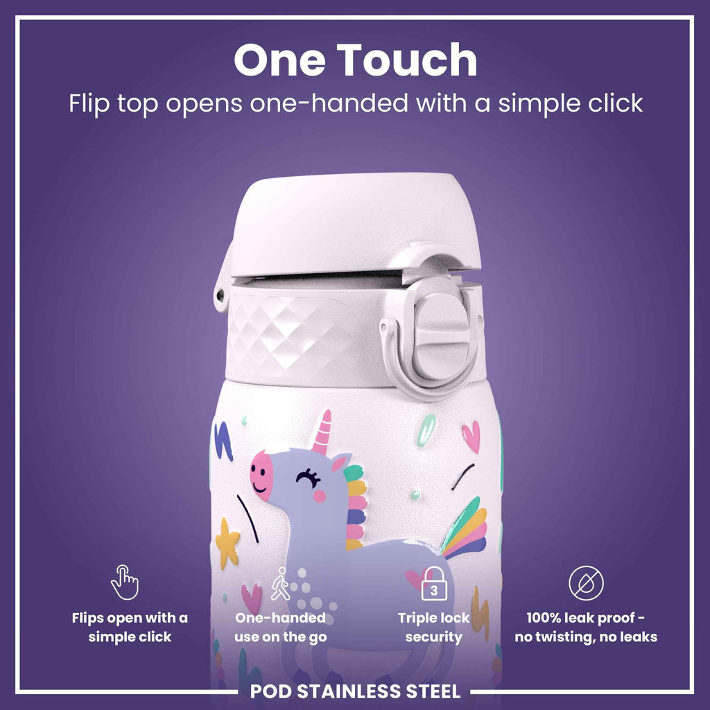 Leak Proof Kids Water Bottle, Stainless Steel, Unicorns, 400ml (13oz)