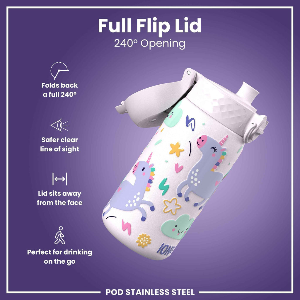 Leak Proof Kids Water Bottle, Stainless Steel, Unicorns, 400ml (13oz)