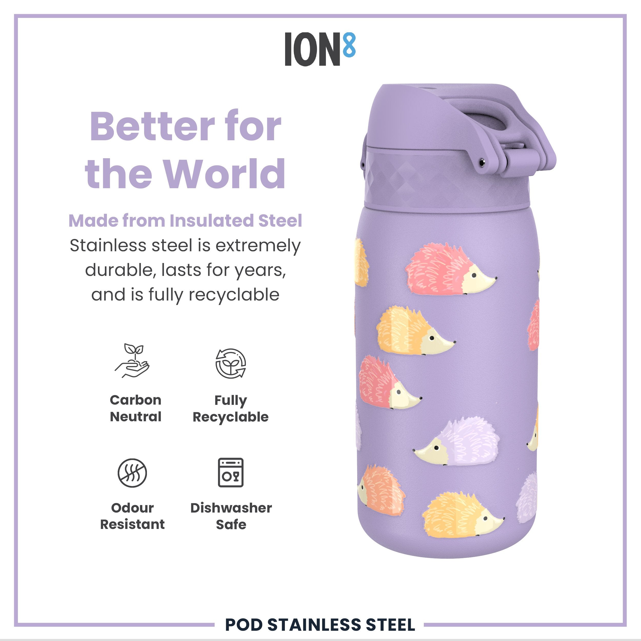 Leak Proof Thermal Steel Water Bottle, Insulated Steel, Hedgehogs, 320ml (11oz)