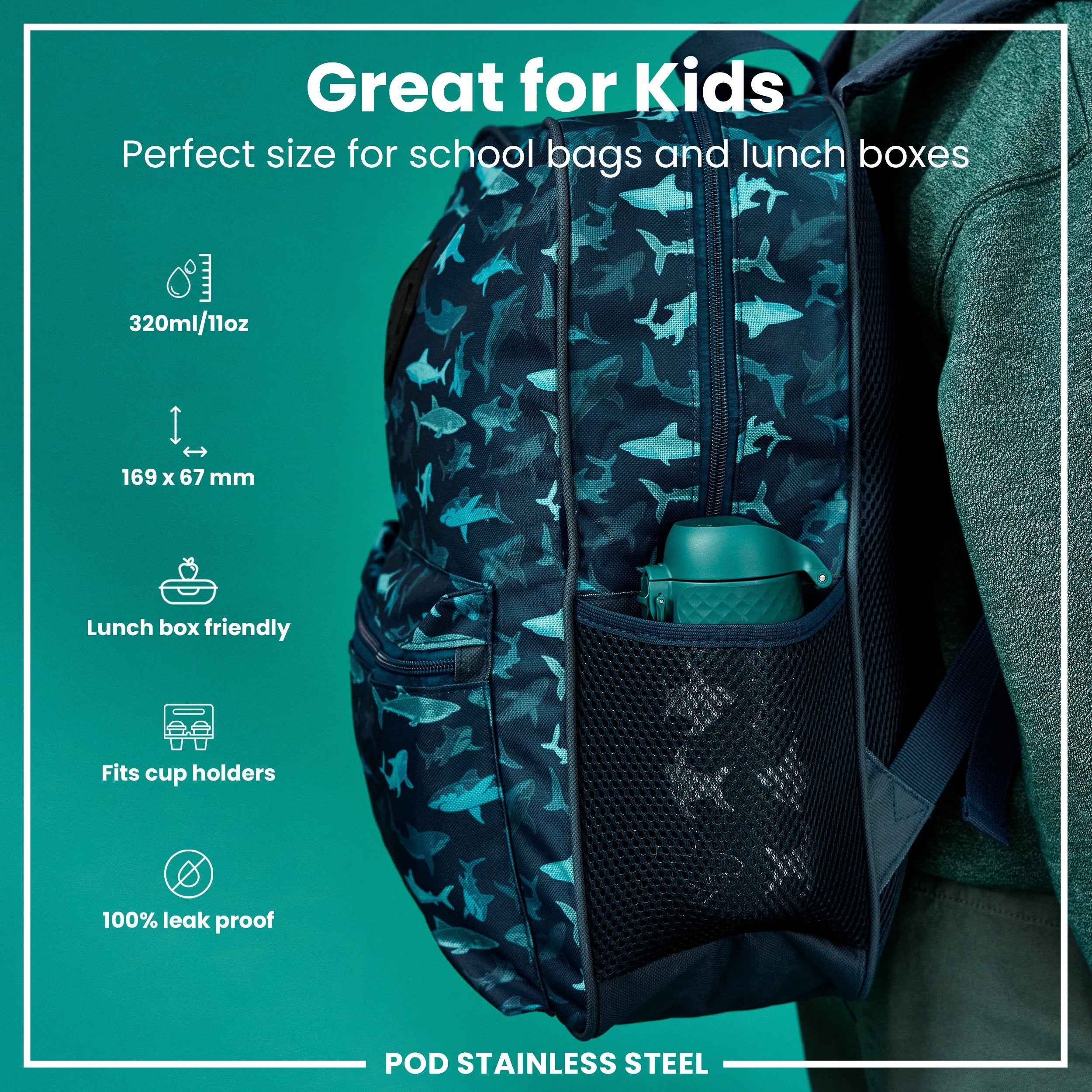 Leak Proof Thermal Steel Water Bottle, Insulated, Sharks, 320ml (11oz)