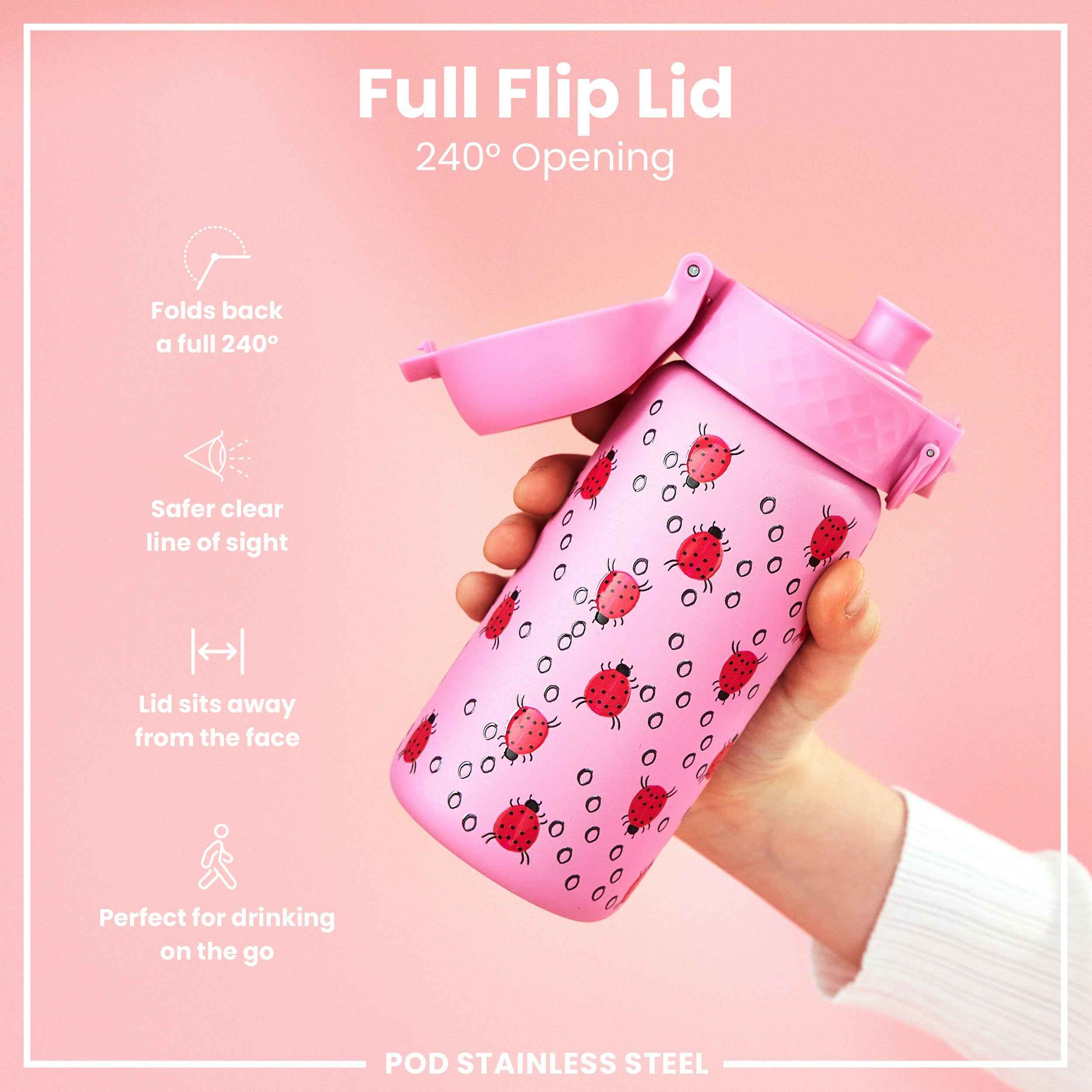 Leak Proof Kids Water Bottle, Stainless Steel, Ladybugs, 400ml (13oz)
