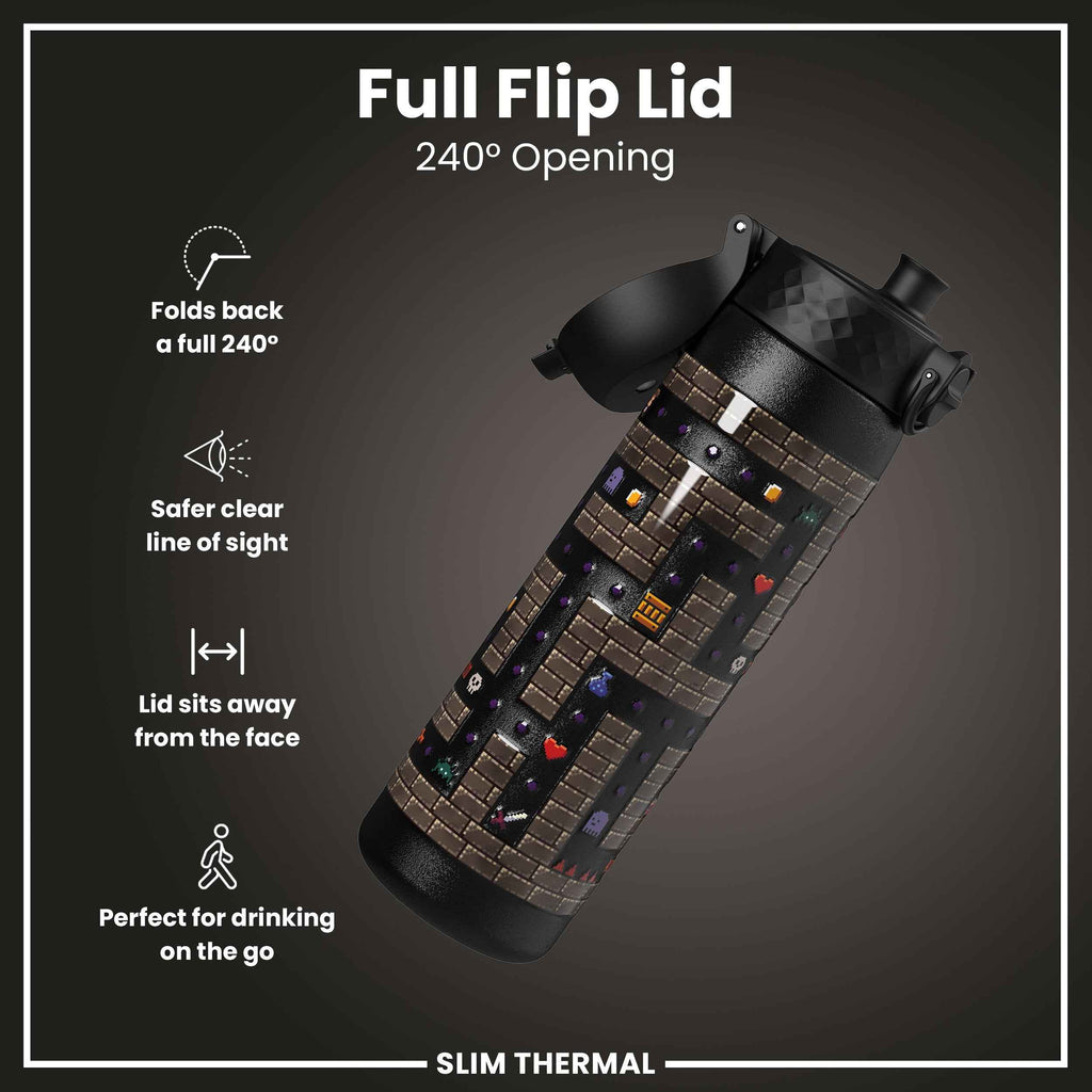 Leak Proof Slim Thermal Water Bottle, Insulated Steel, Gamer, 500ml (17oz)