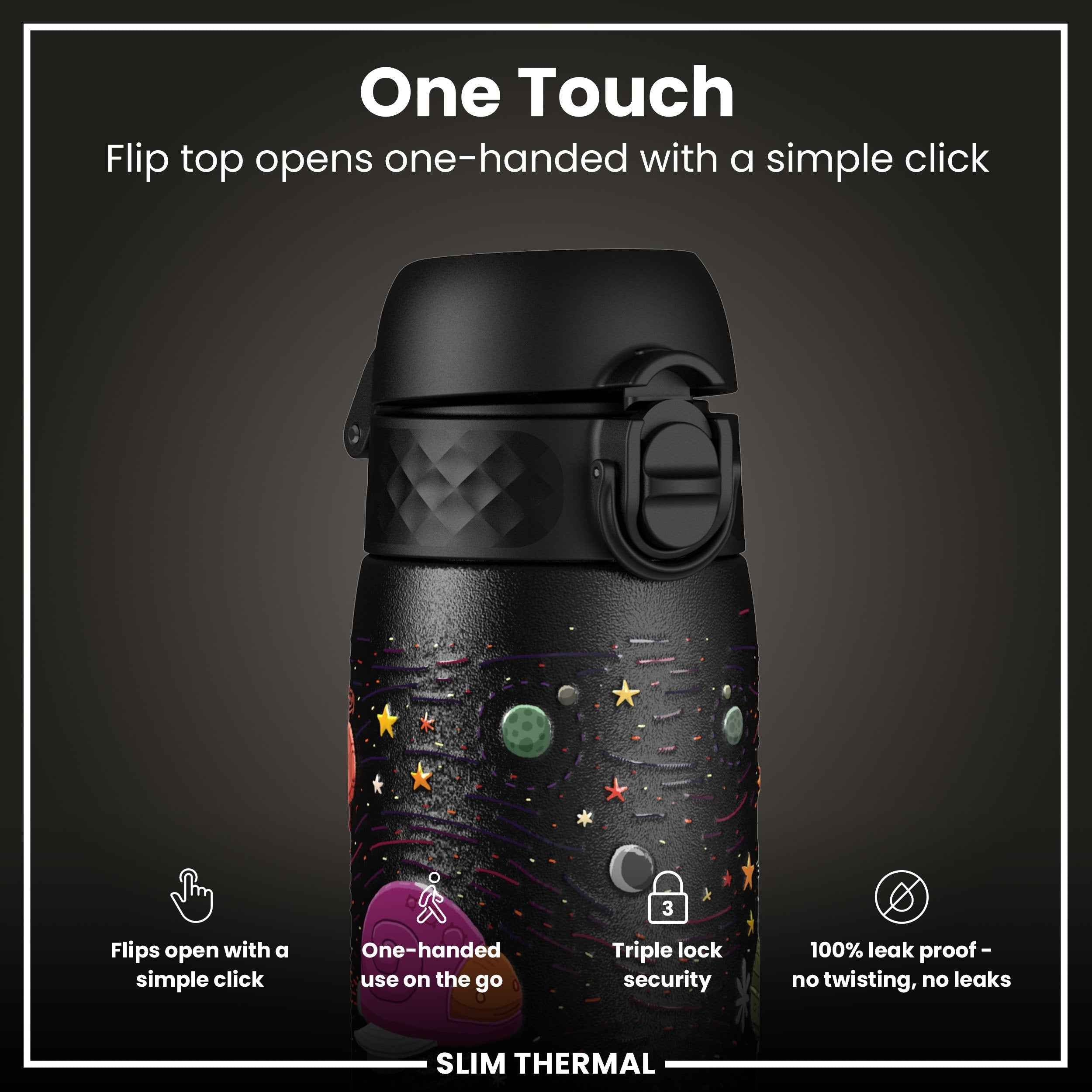 Leak Proof Slim Thermal Water Bottle, Insulated Steel, Spaceships, 500ml (17oz)