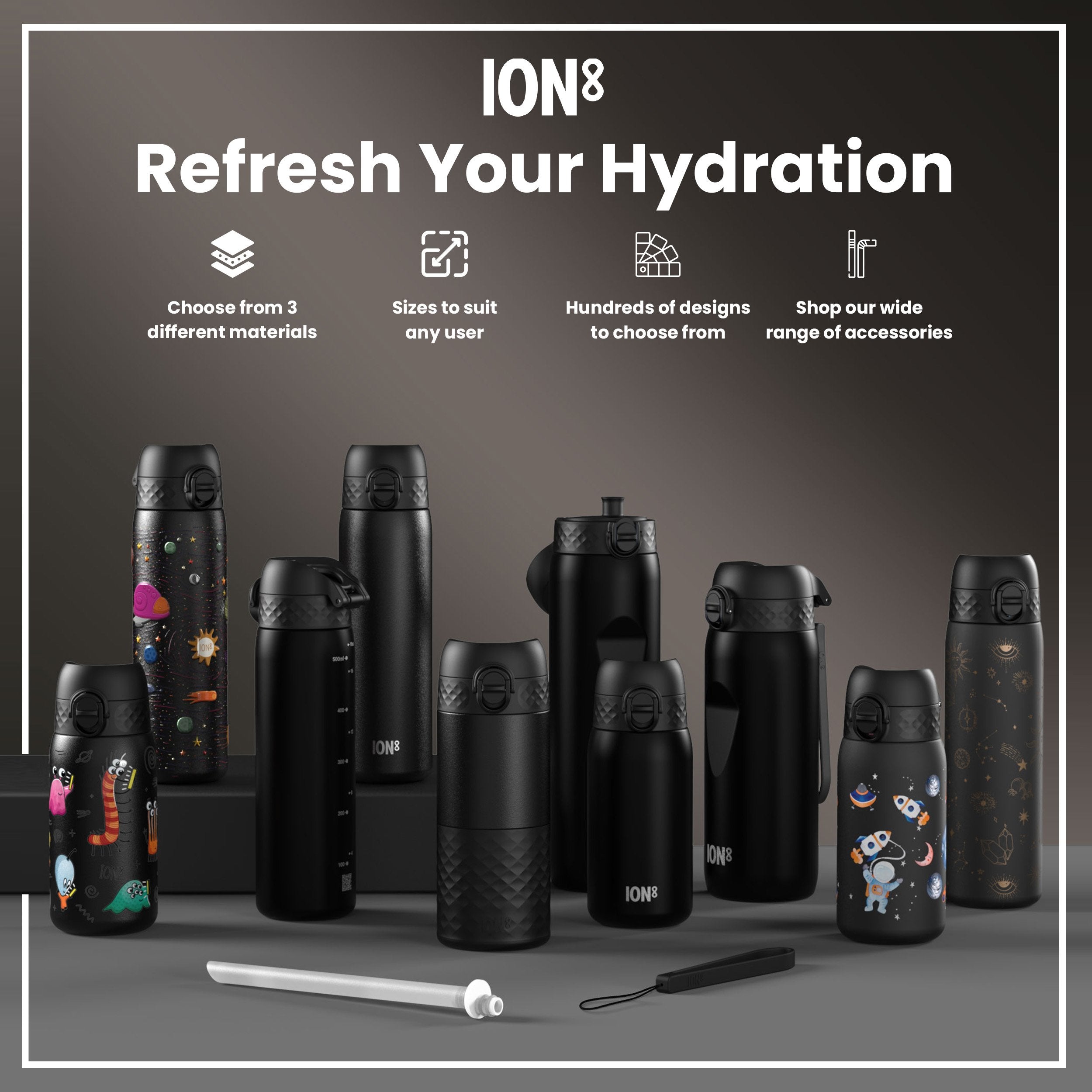 Leak Proof Slim Thermal Water Bottle, Insulated Steel, Spaceships, 500ml (17oz)