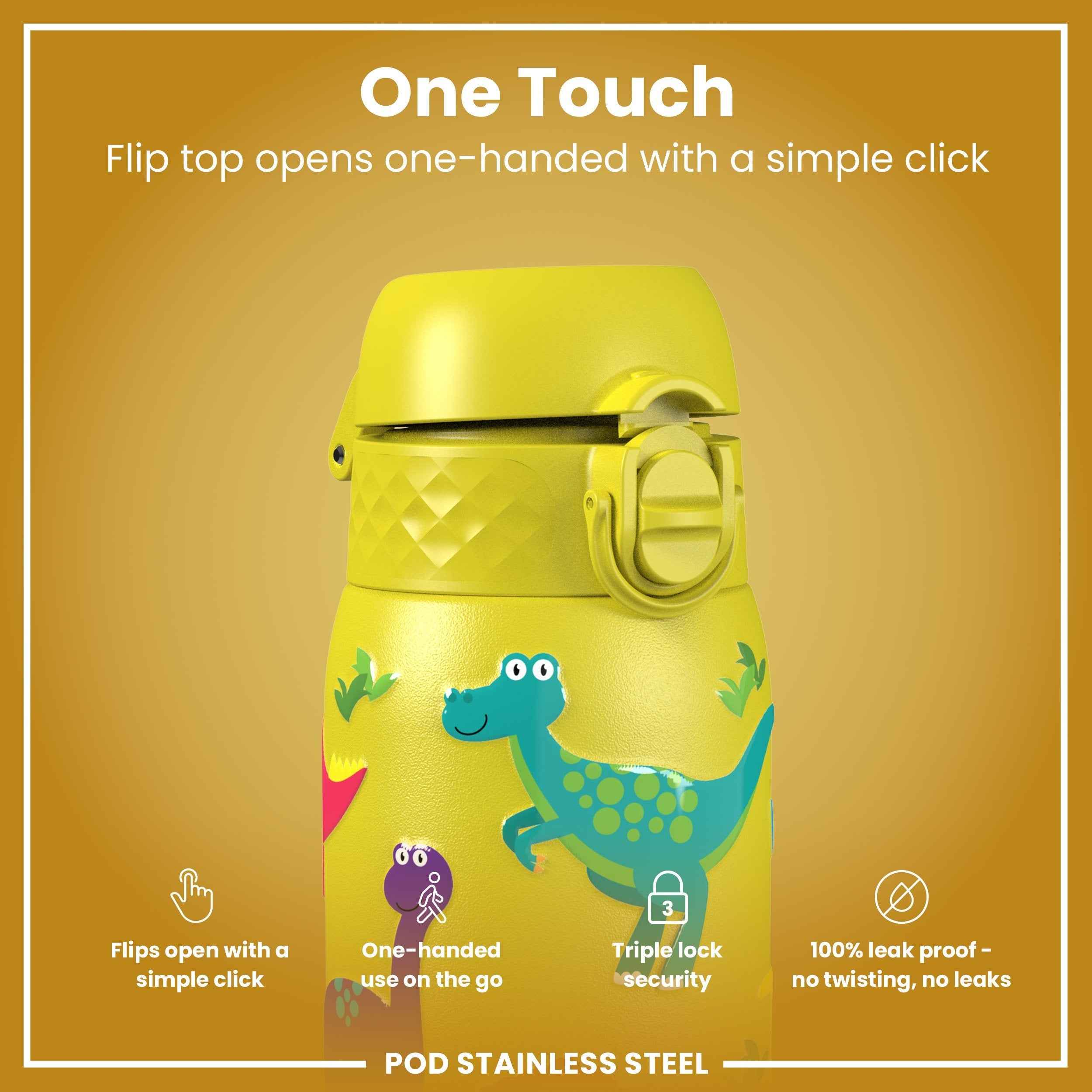 Leak Proof Kids Water Bottle, Stainless Steel, Dinosaurs, 400ml (13oz)