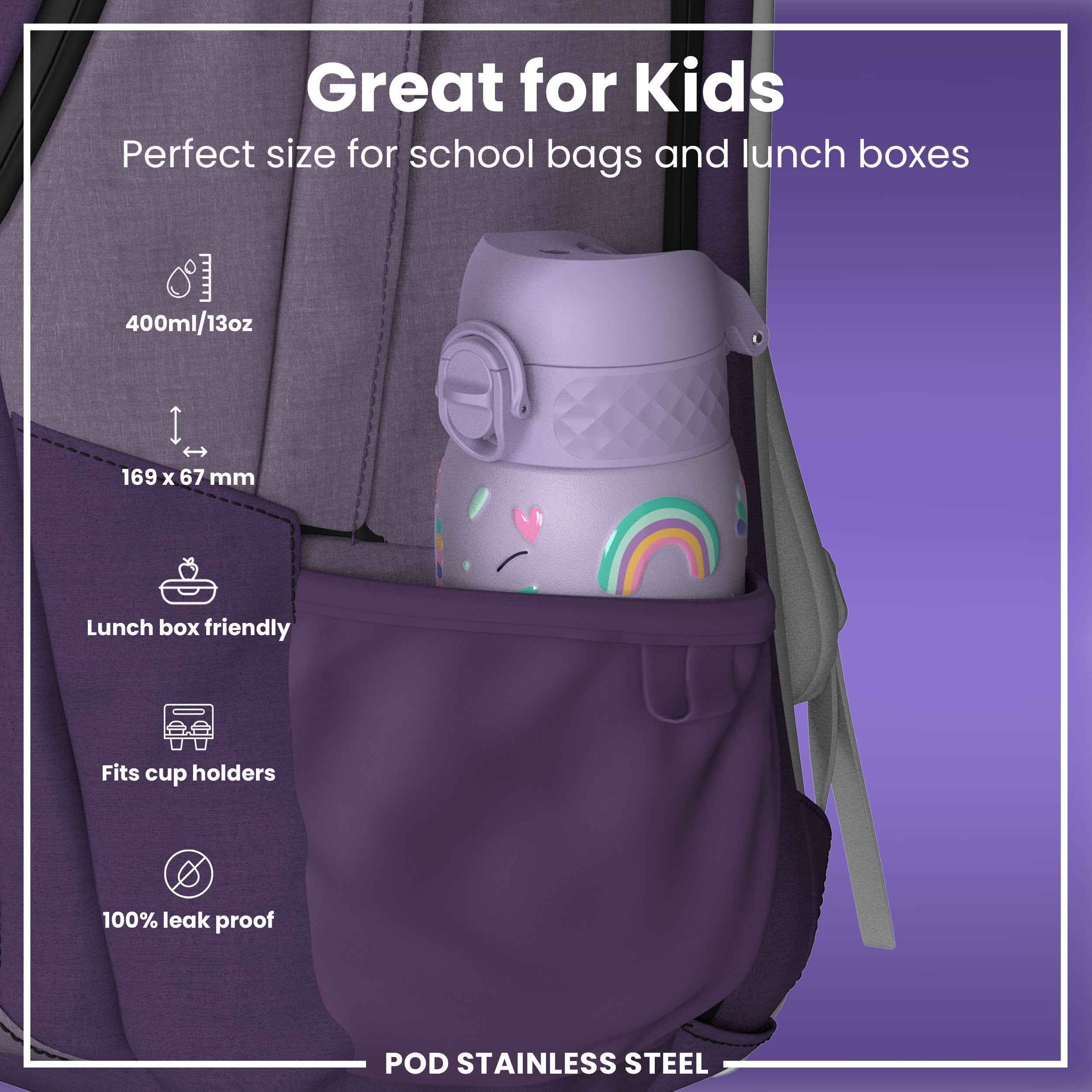 Leak Proof Kids Water Bottle, Stainless Steel, Purple Unicorns, 400ml (13oz)