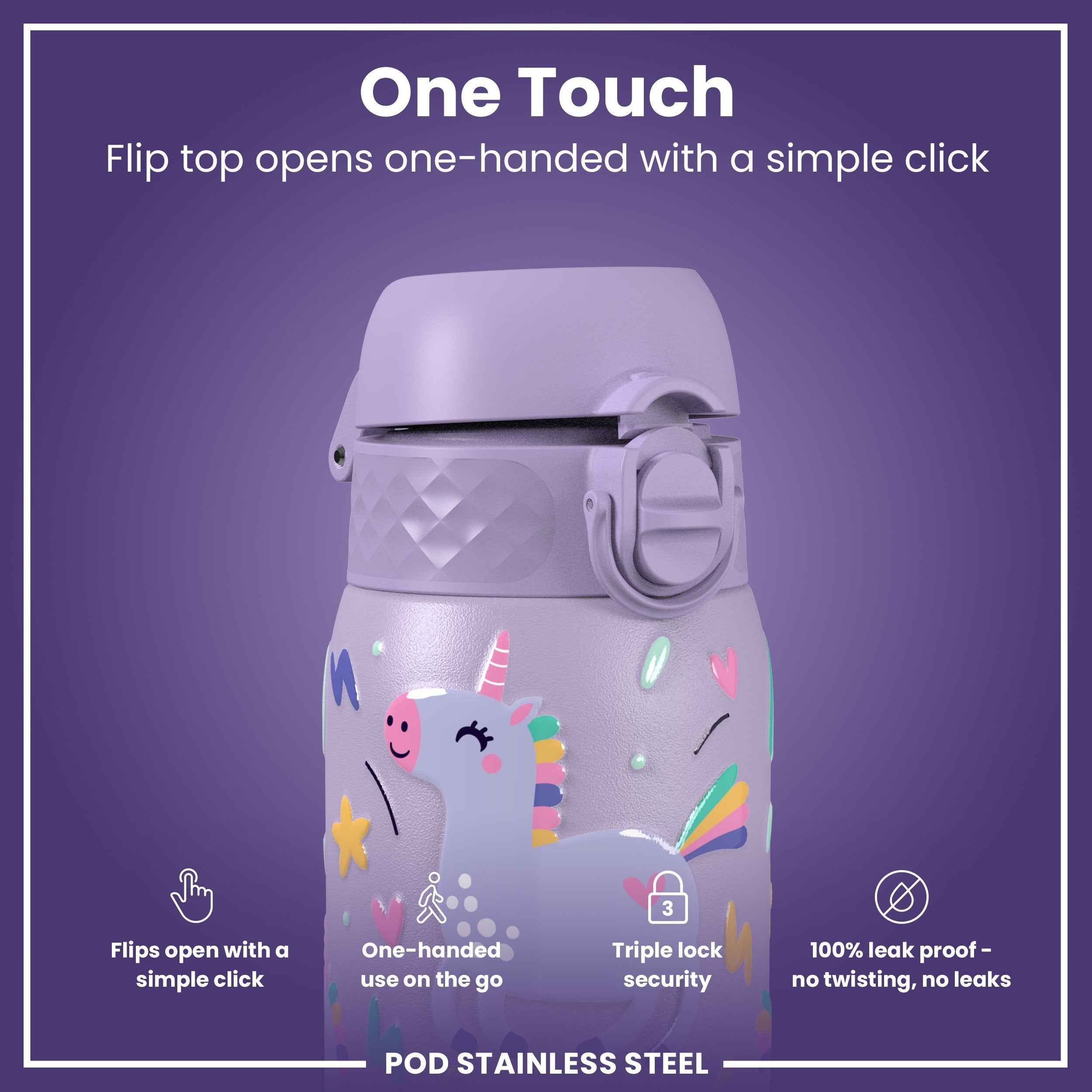 Leak Proof Kids Water Bottle, Stainless Steel, Purple Unicorns, 400ml (13oz)