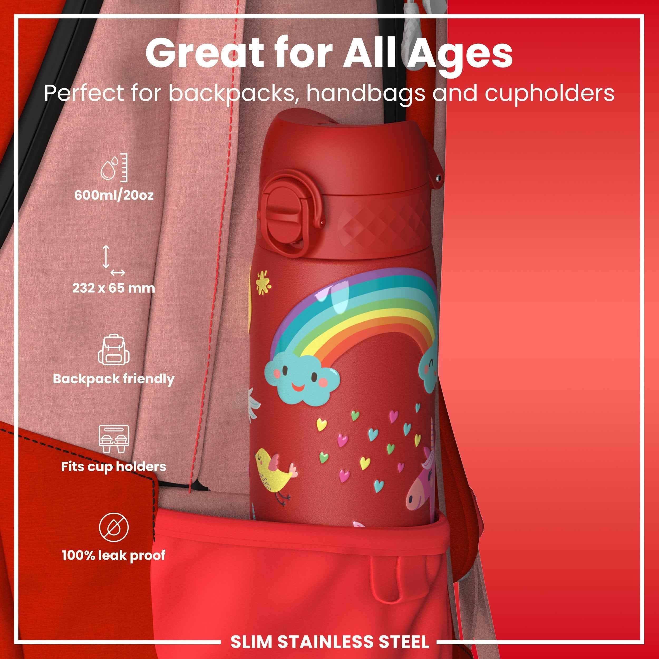 Leak Proof Slim Water Bottle, Stainless Steel, Red Unicorns, 600ml (20oz)
