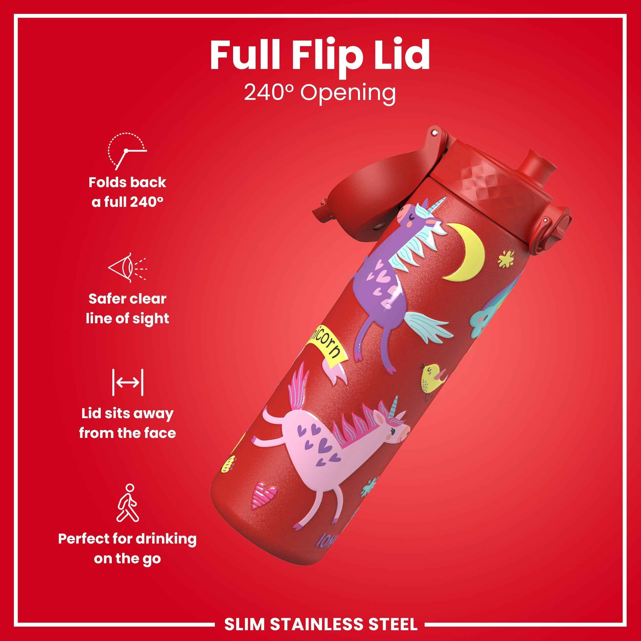 Leak Proof Slim Water Bottle, Stainless Steel, Red Unicorns, 600ml (20oz)