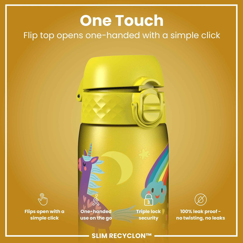 Leak Proof Slim Water Bottle, Recyclon, Yellow Unicorns, 500ml (18oz)