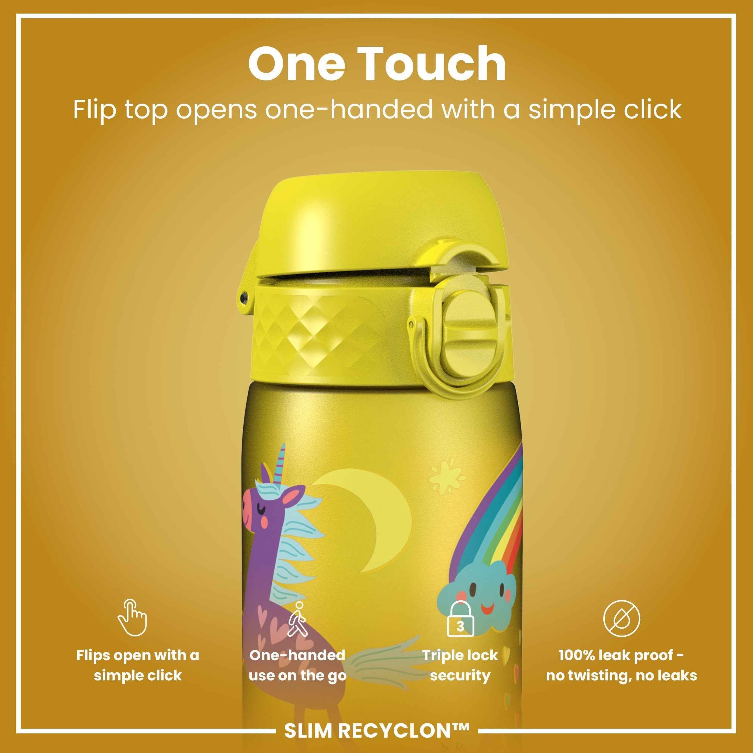 Leak Proof Slim Water Bottle, Recyclon, Yellow Unicorns, 500ml (18oz)