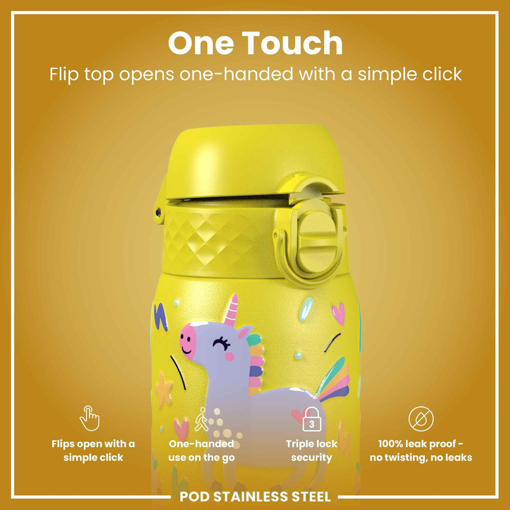 Leak Proof Kids Water Bottle, Stainless Steel, Yellow Unicorns, 400ml (13oz)