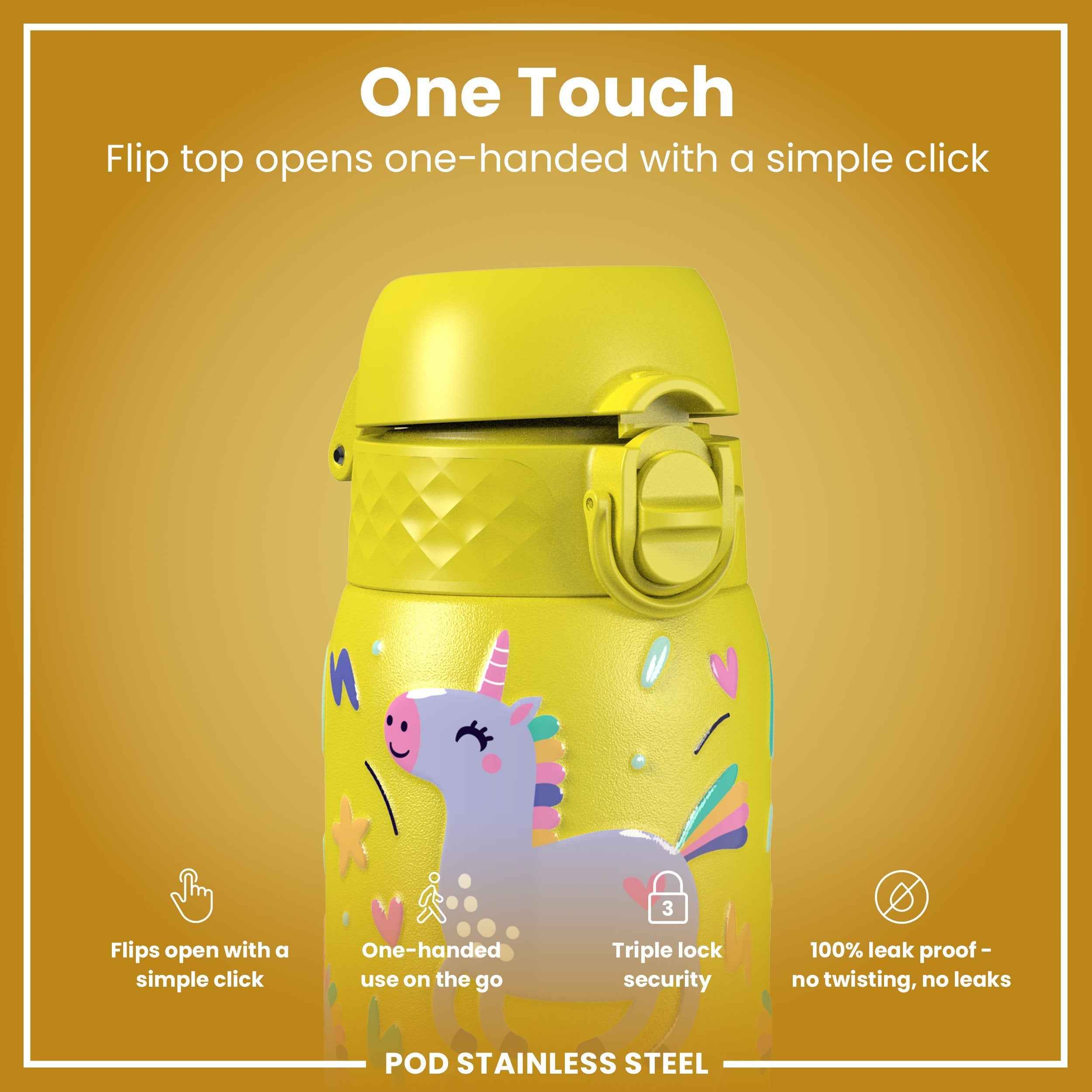 Leak Proof Kids Water Bottle, Stainless Steel, Yellow Unicorns, 400ml (13oz)