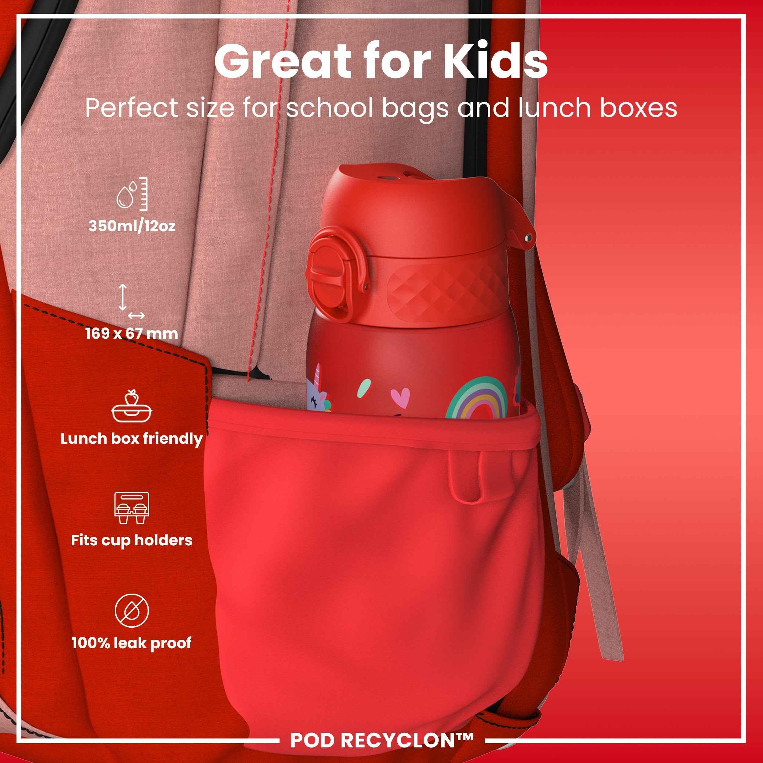 Leak Proof Kids Water Bottle, Recyclon, Red Unicorns, 350ml (12oz)