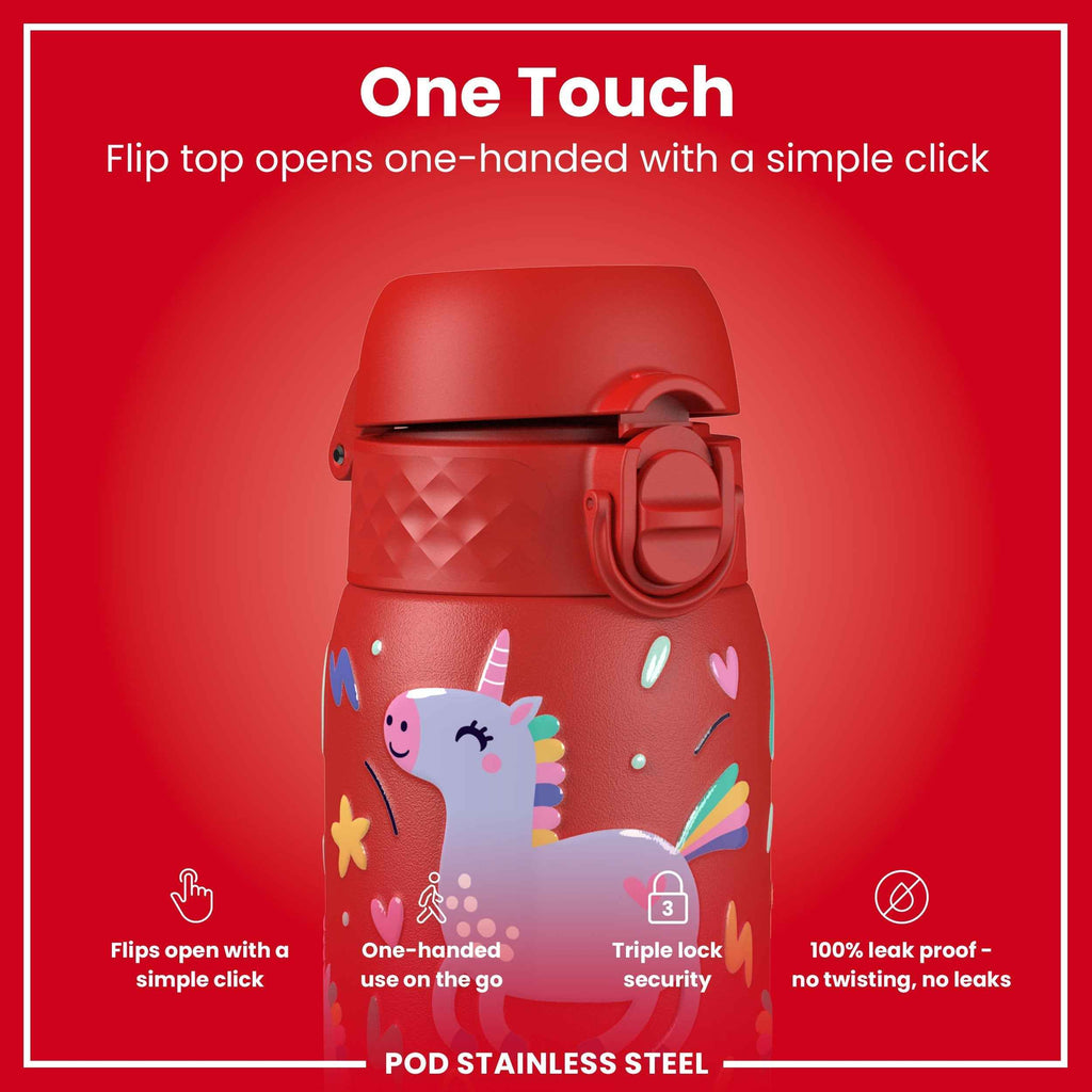 Leak Proof Kids Water Bottle, Stainless Steel, Red Unicorns, 400ml (13oz)