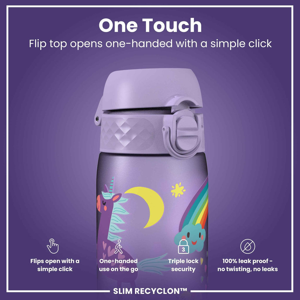 Leak Proof Slim Water Bottle, Recyclon, Purple Unicorns, 500ml (18oz)