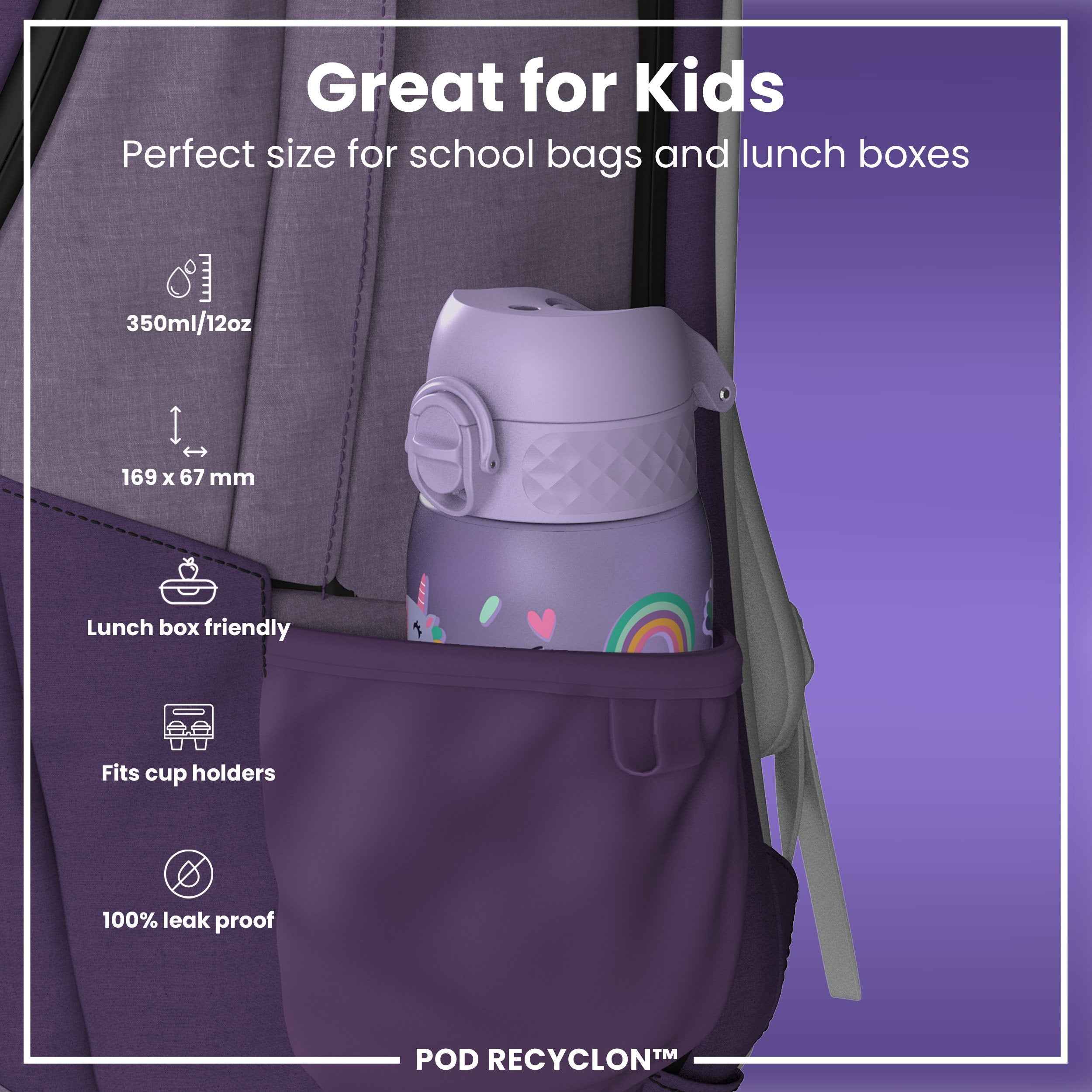 Leak Proof Kids Water Bottle, Recyclon, Purple Unicorns, 350ml (12oz)