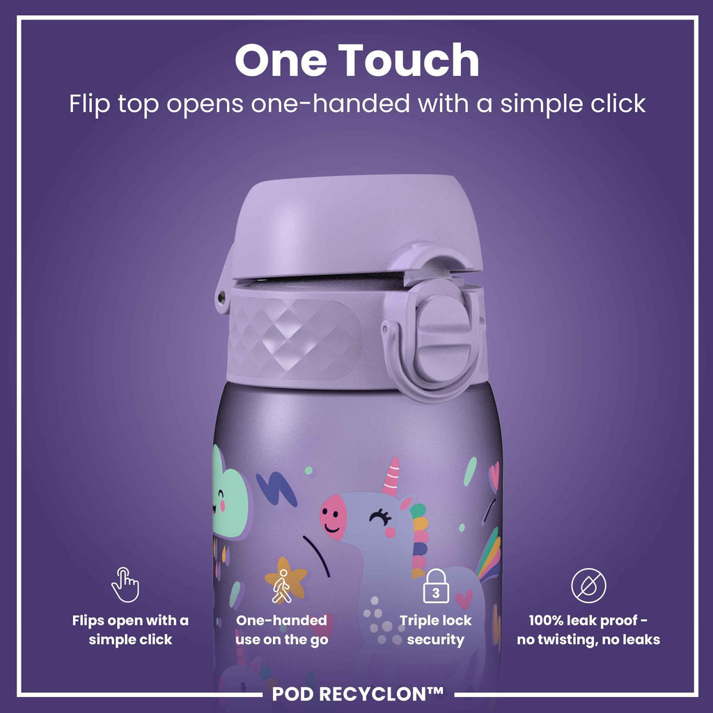 Leak Proof Kids Water Bottle, Recyclon, Purple Unicorns, 350ml (12oz)