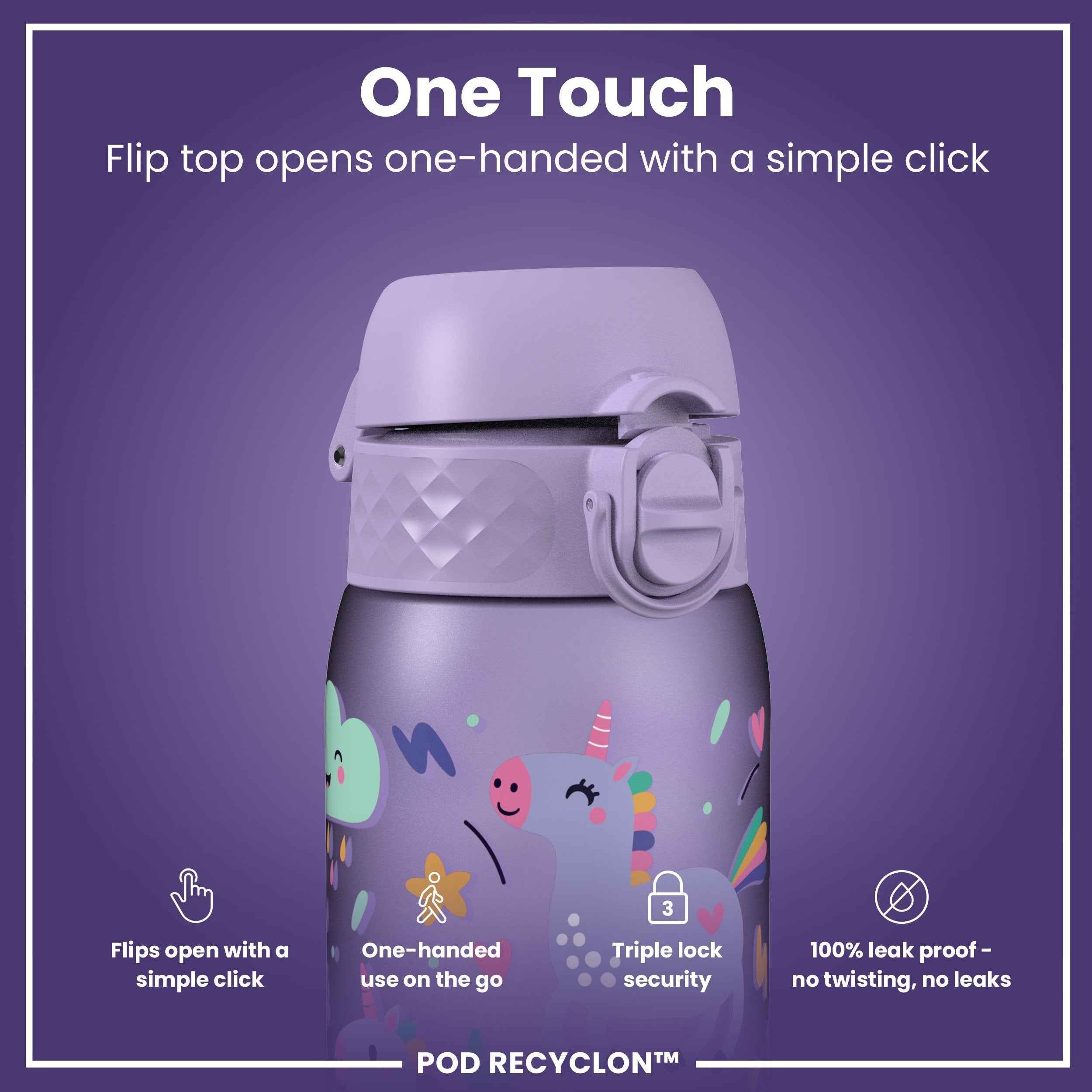 Leak Proof Kids Water Bottle, Recyclon, Purple Unicorns, 350ml (12oz)