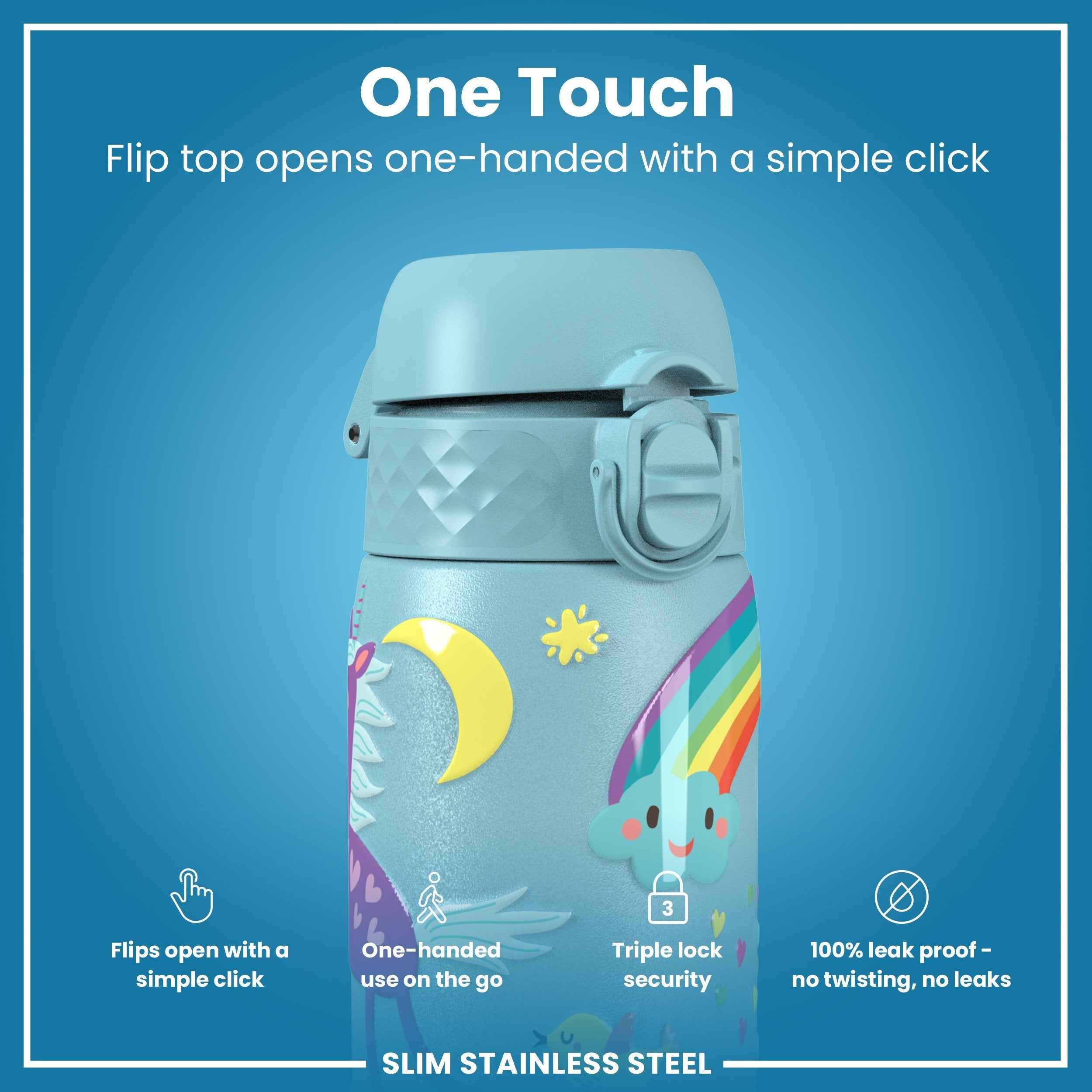 Leak Proof Slim Water Bottle, Stainless Steel, Blue Unicorns, 600ml (20oz)