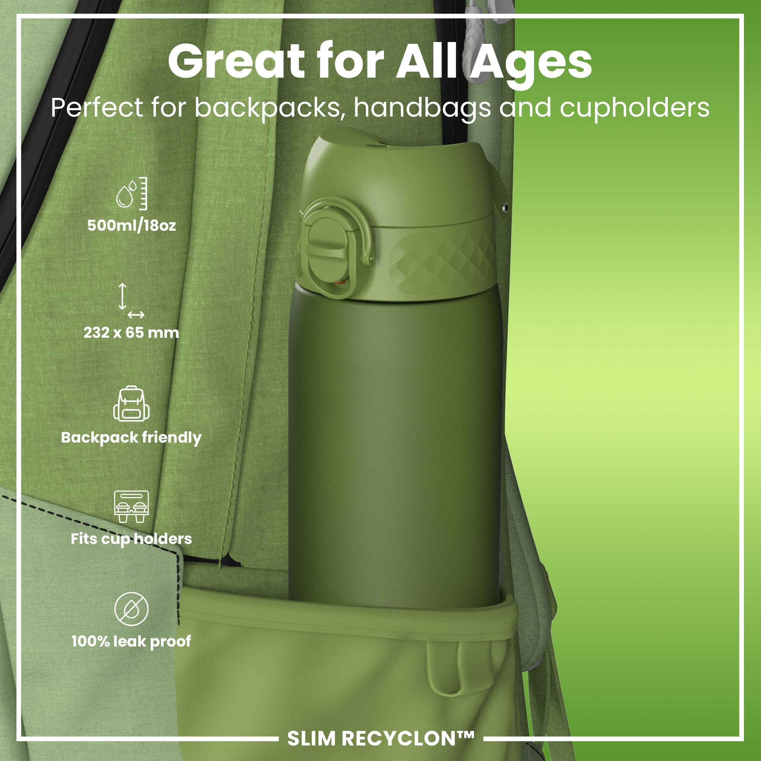 Leak Proof Slim Water Bottle, Recyclon, Khaki Green, 500ml (18oz)