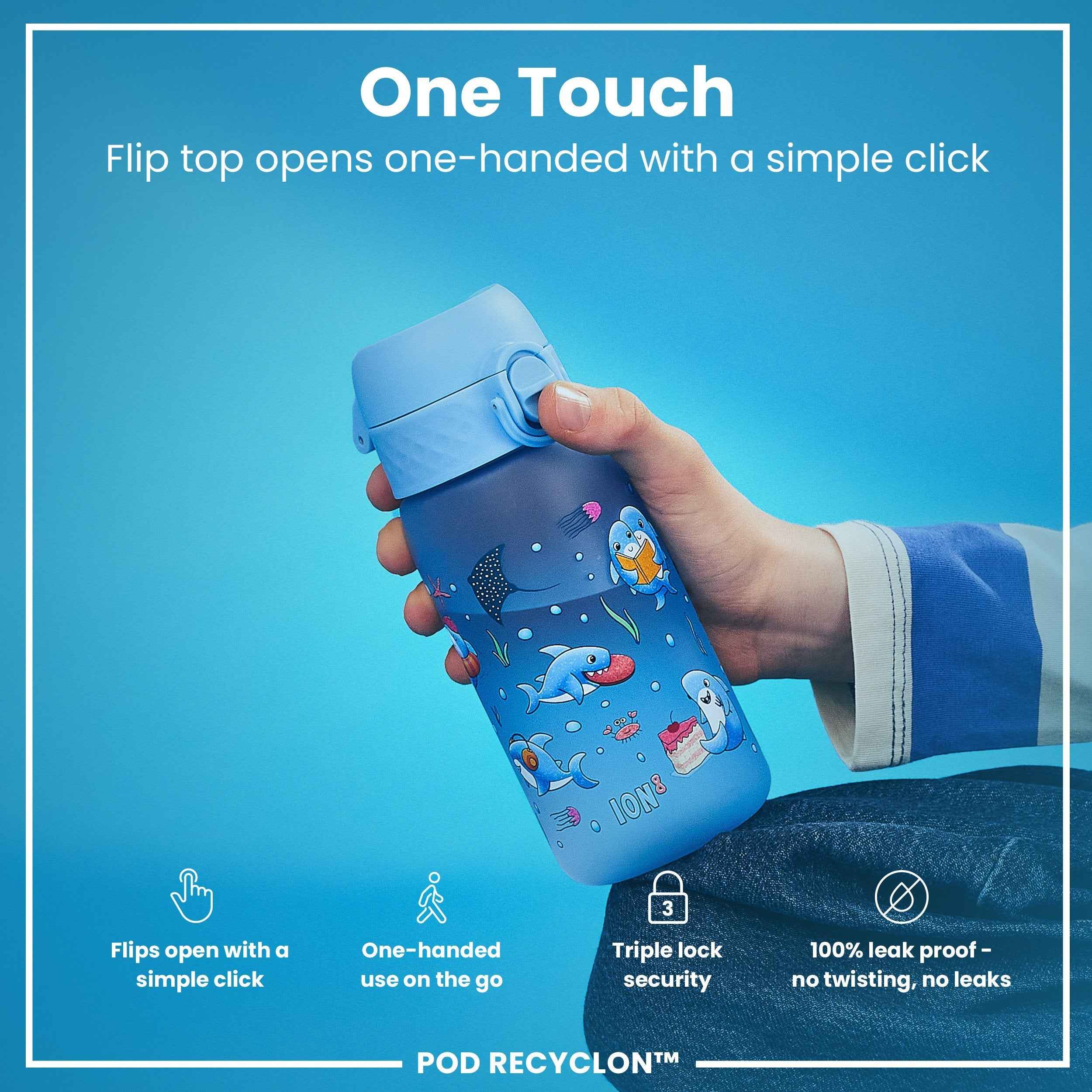 Leak Proof Kids Water Bottle, Recyclon, Sharks, 350ml (12oz)