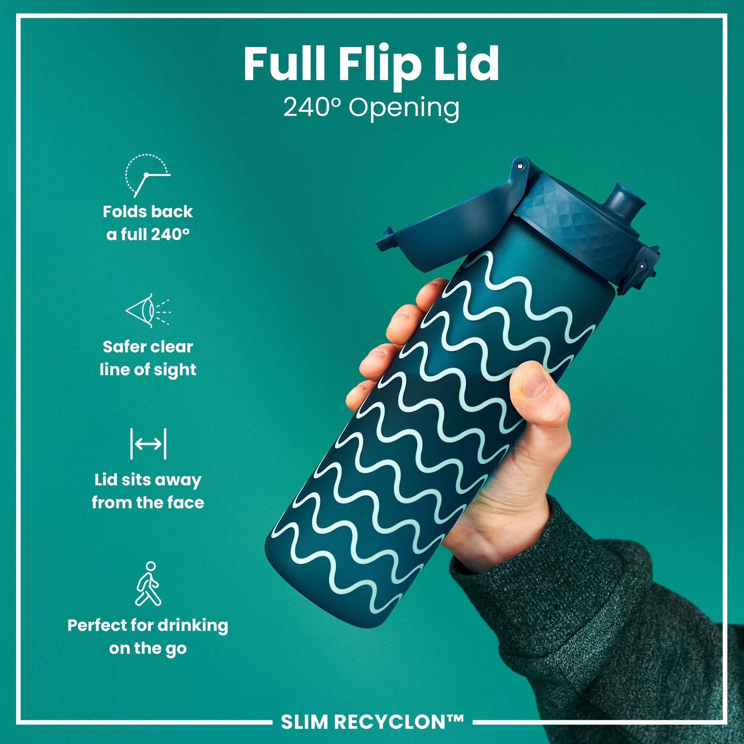Leak Proof Slim Water Bottle, Recyclon, Waves, 500ml (18oz)