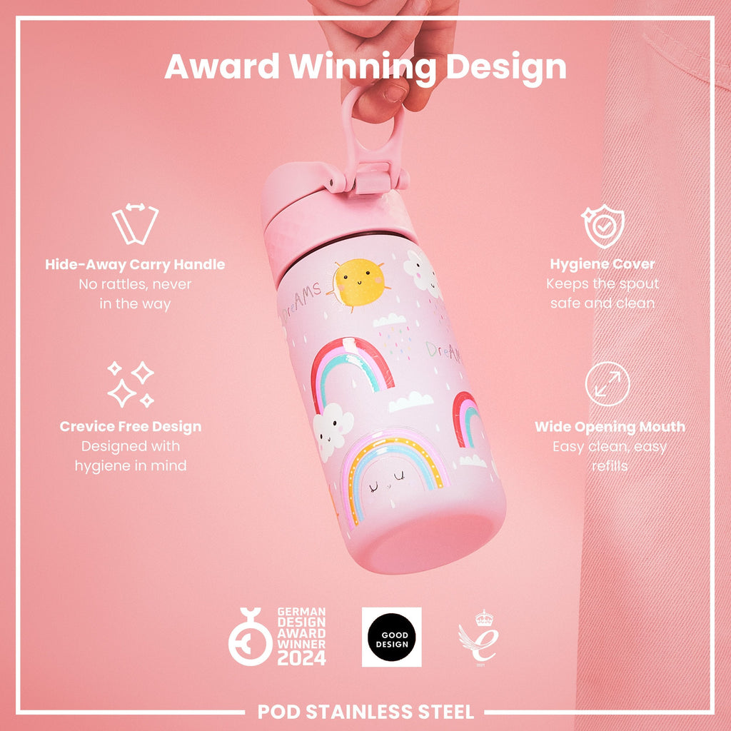 Leak Proof Kids Water Bottle, Stainless Steel, Rainbows, 400ml (13oz)
