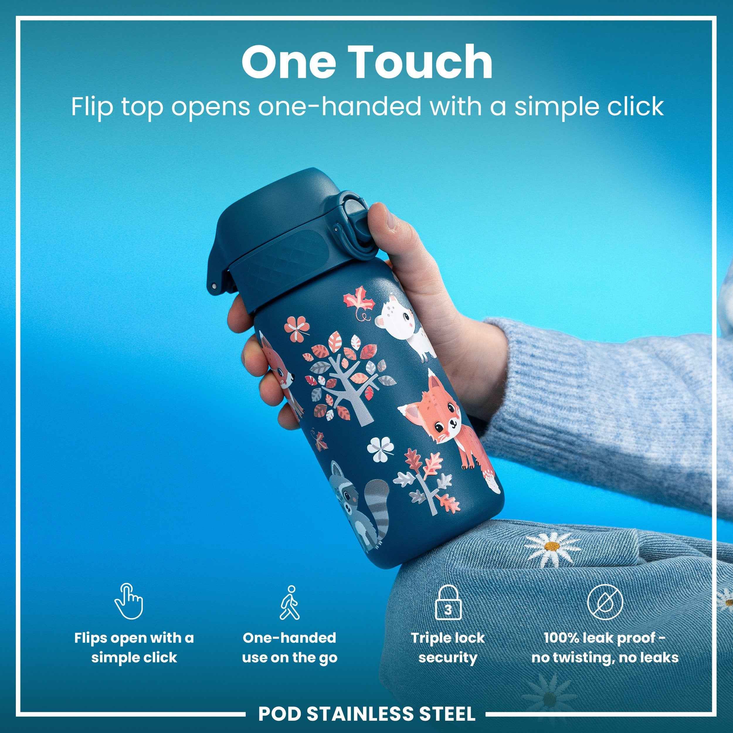 Leak Proof Kids Water Bottle, Stainless Steel, Forest Animals, 400ml (13oz)