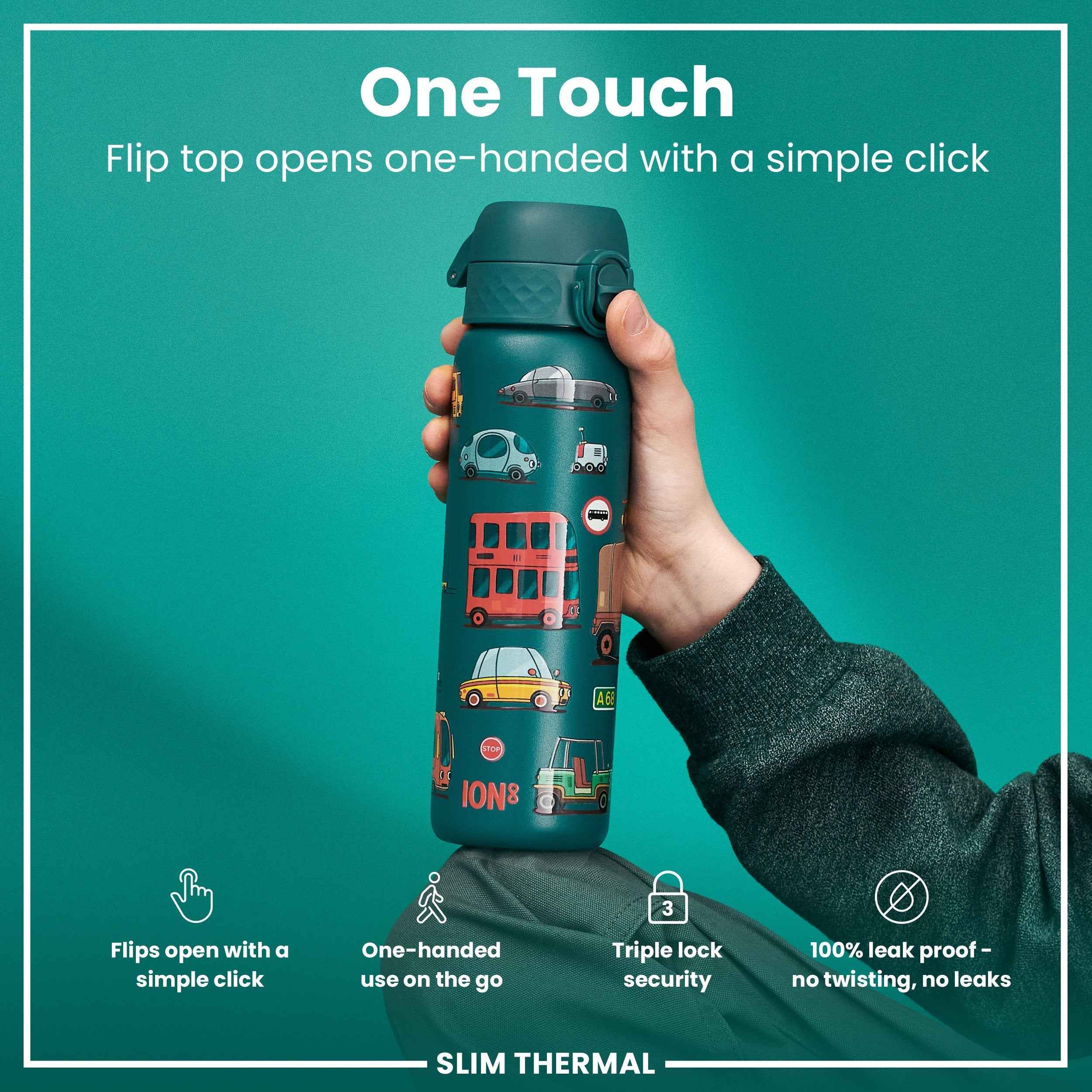 Leak Proof Slim Thermal Steel Water Bottle, Insulated, Automobiles, 500ml (17oz)