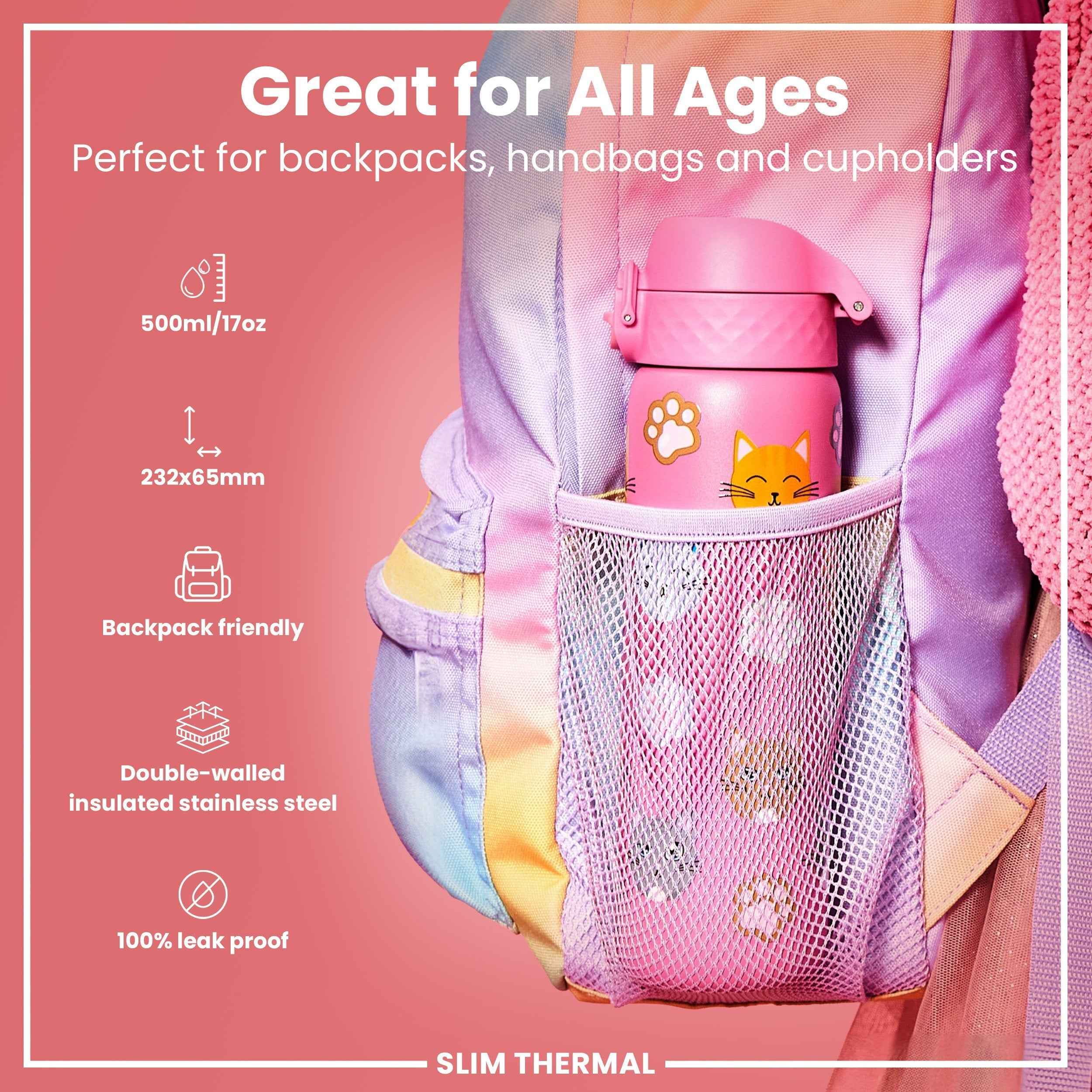 Leak Proof Slim Thermal Steel Water Bottle, Insulated, Cats, 500ml (17oz)
