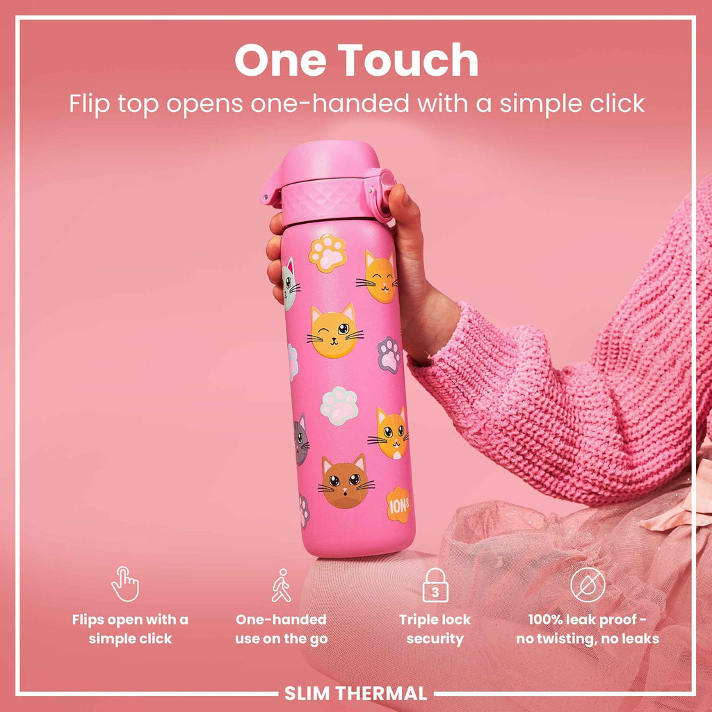 Leak Proof Slim Thermal Steel Water Bottle, Insulated, Cats, 500ml (17oz)