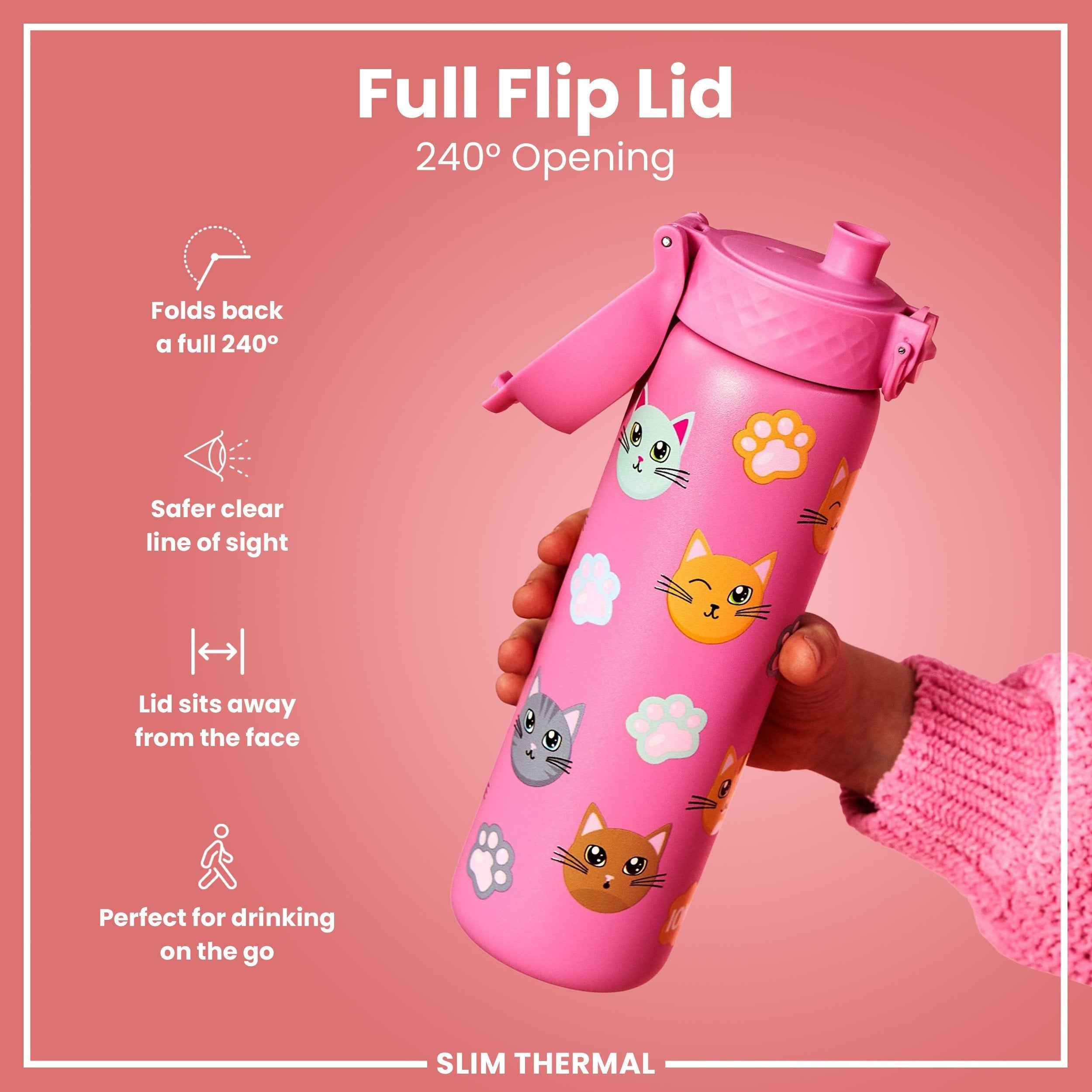 Leak Proof Slim Thermal Steel Water Bottle, Insulated, Cats, 500ml (17oz)