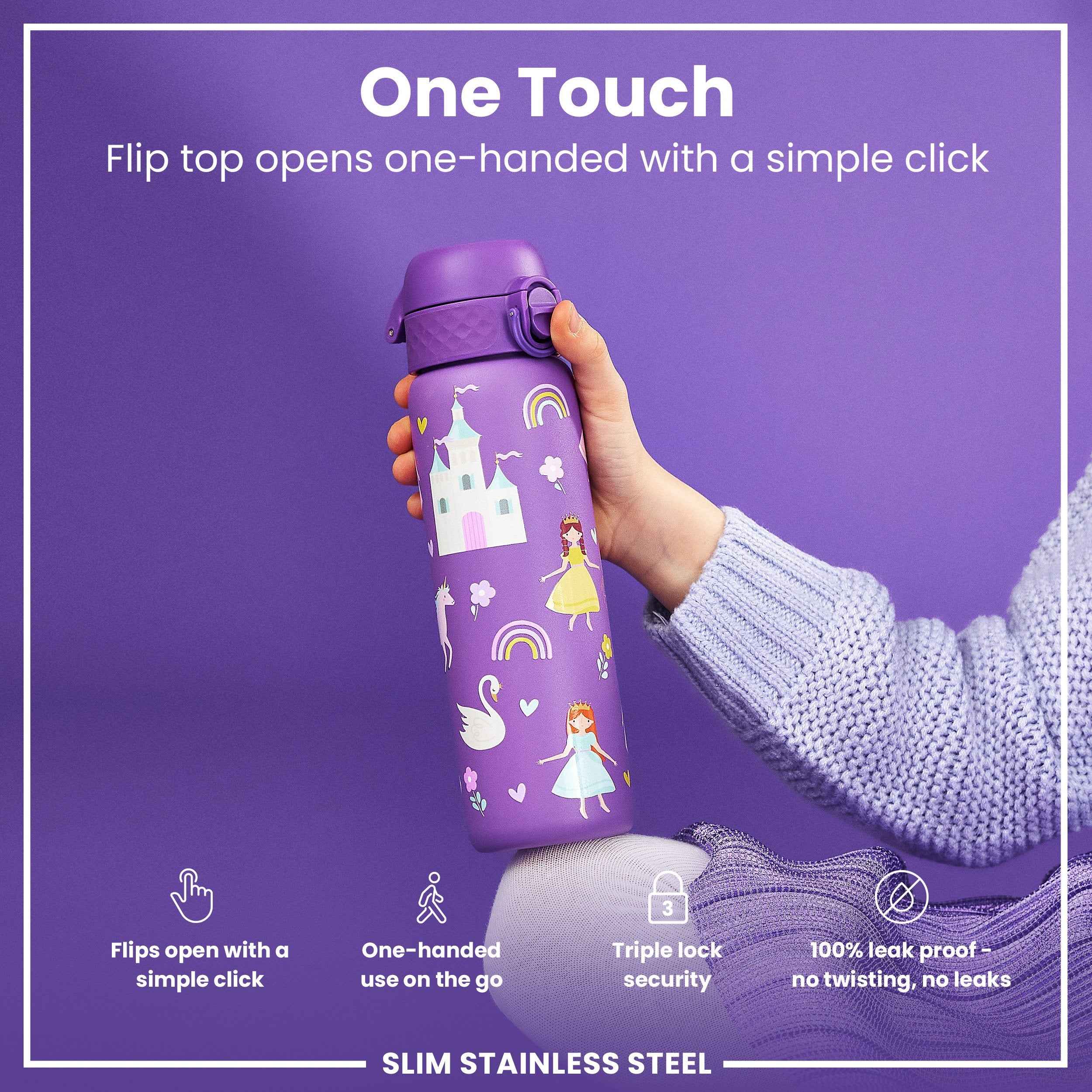 Leak Proof Slim Thermal Water Bottle, Insulated Steel, Princess, 500ml (17oz)