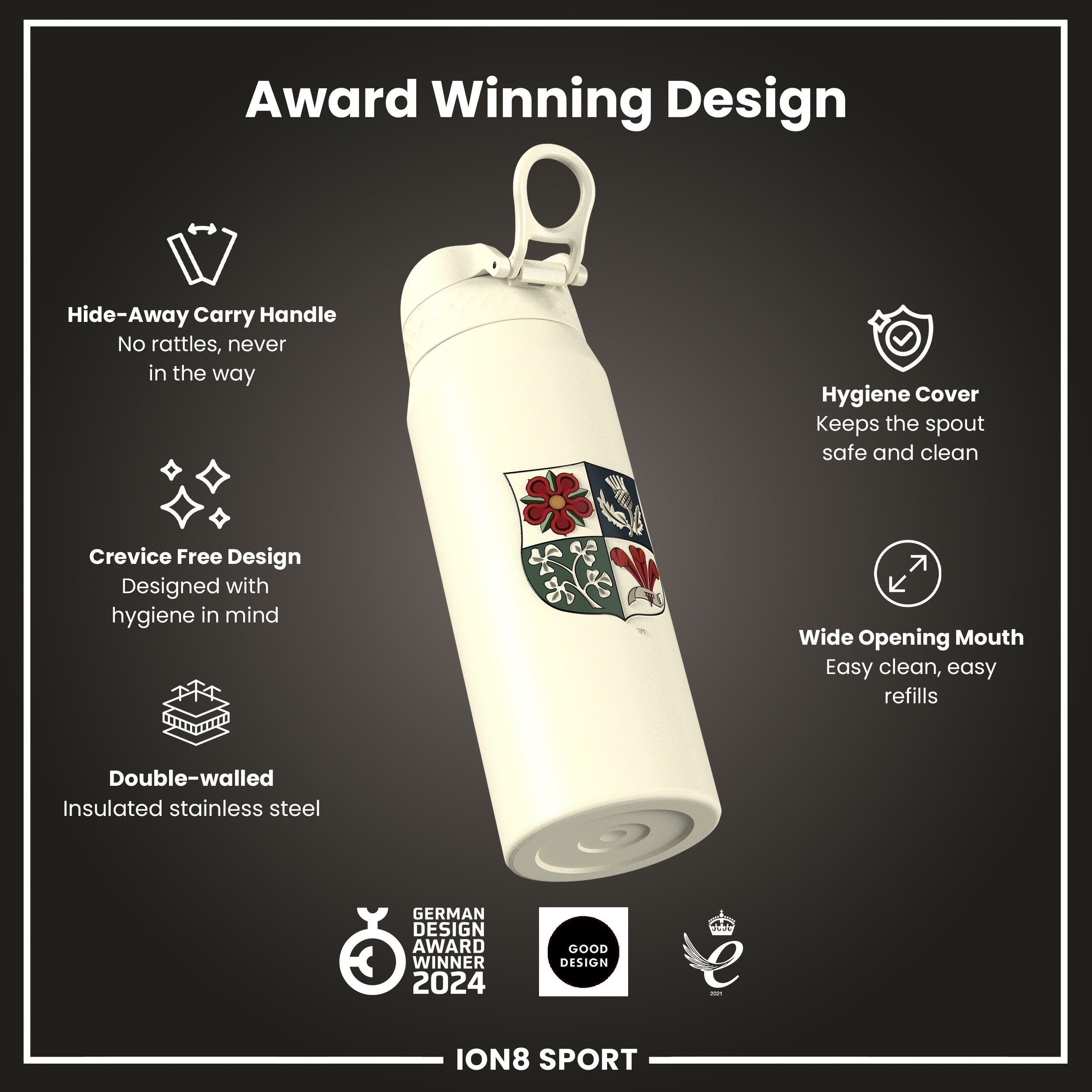 Lions X ION8 Insulated Steel Water Bottle, British & Irish Lions, Crest, 750ml (24oz)