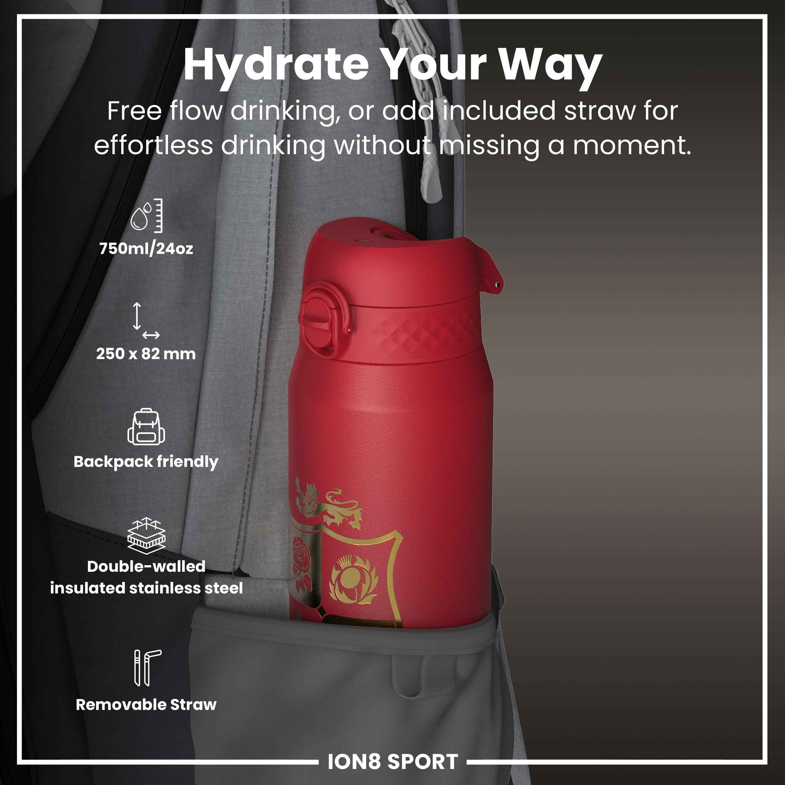 Lions X ION8 Insulated Steel Water Bottle, British & Irish Lions, Sea of Red, 750ml (24oz)