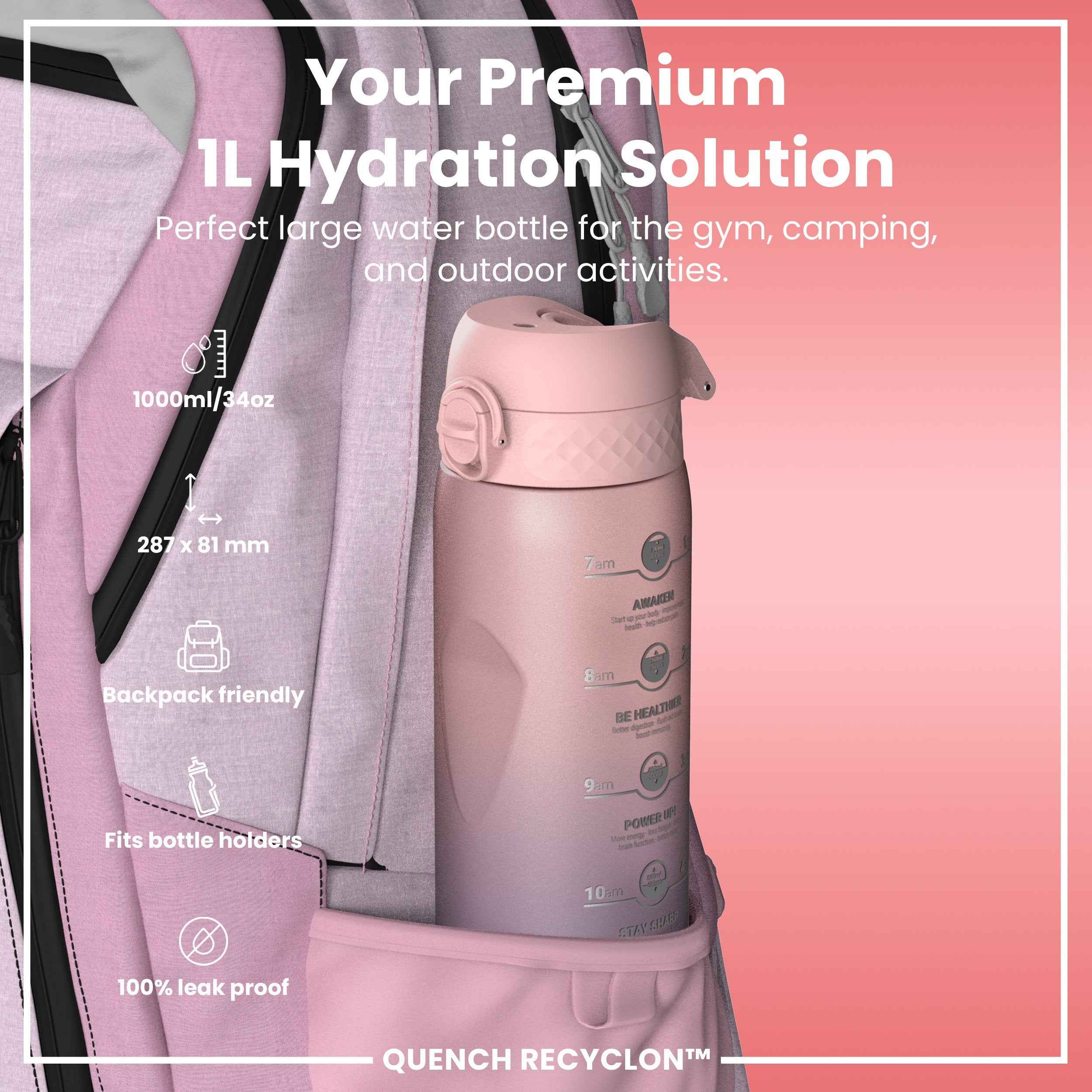 Leak Proof 1 Litre Water Bottle with Times to Drink, Recyclon, Purple & Rose, 1L