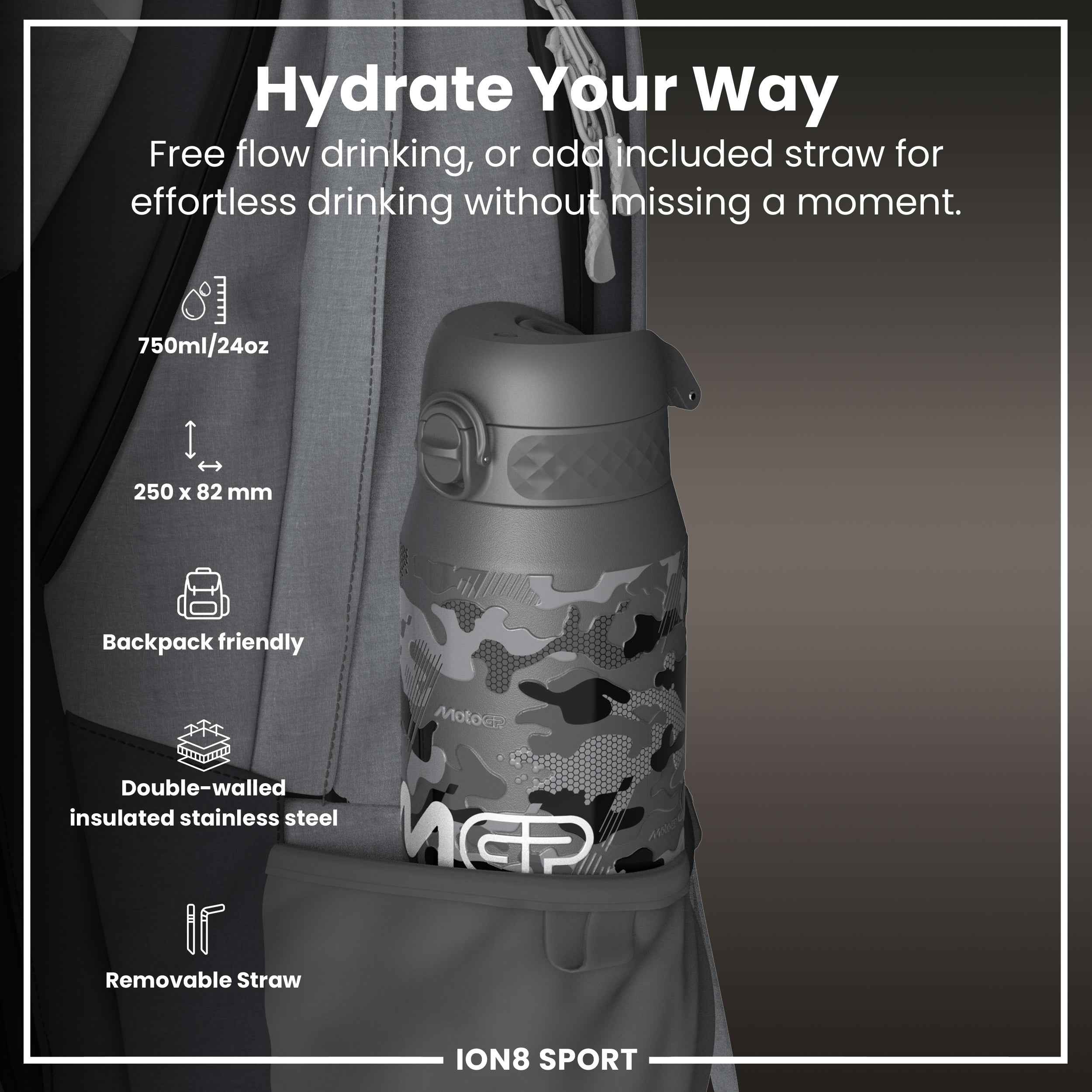 MotoGP x ION8 Insulated Steel Water Bottle, MotoGP Camouflage, 750ml (24oz)