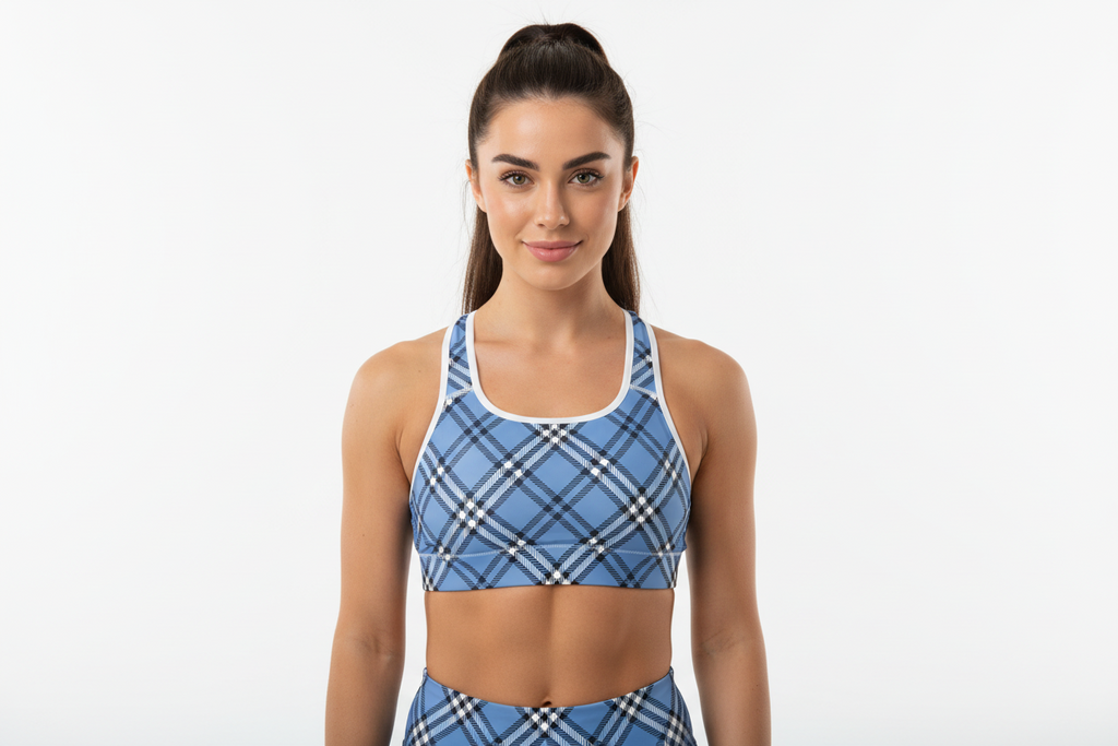 GymBum UK Highland Check Padded Sports Bra– Blue