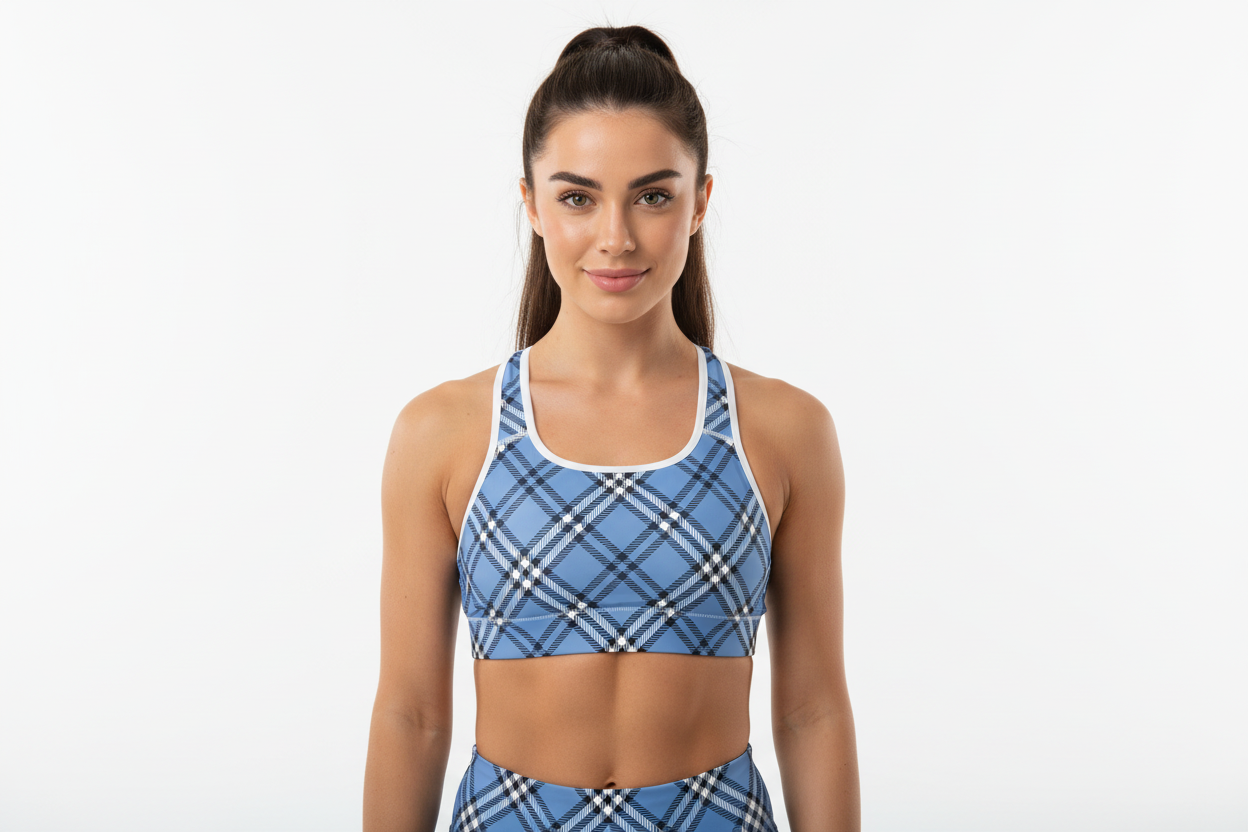 GymBum UK Highland Check Padded Sports Bra– Blue