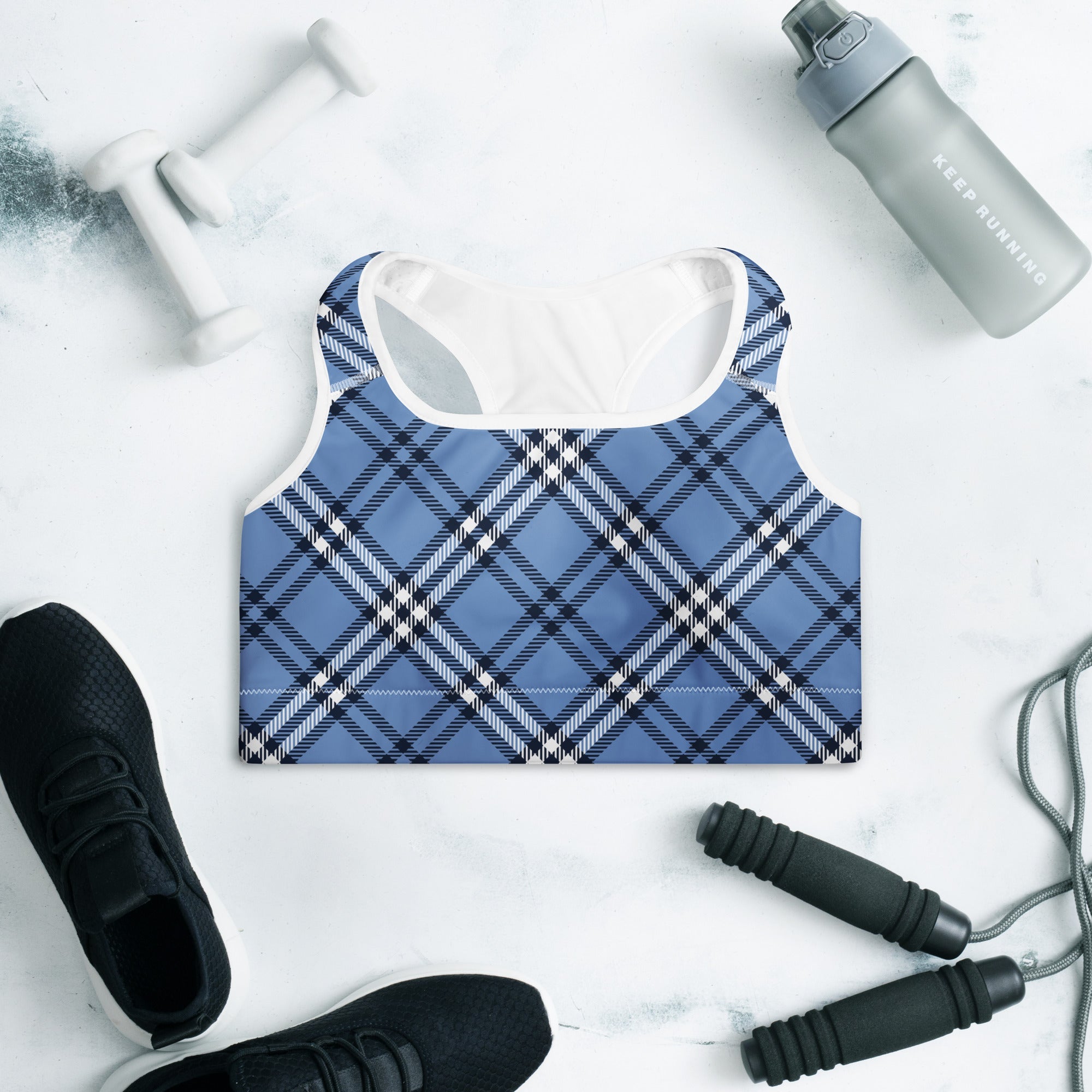 GymBum UK Highland Check Padded Sports Bra– Blue