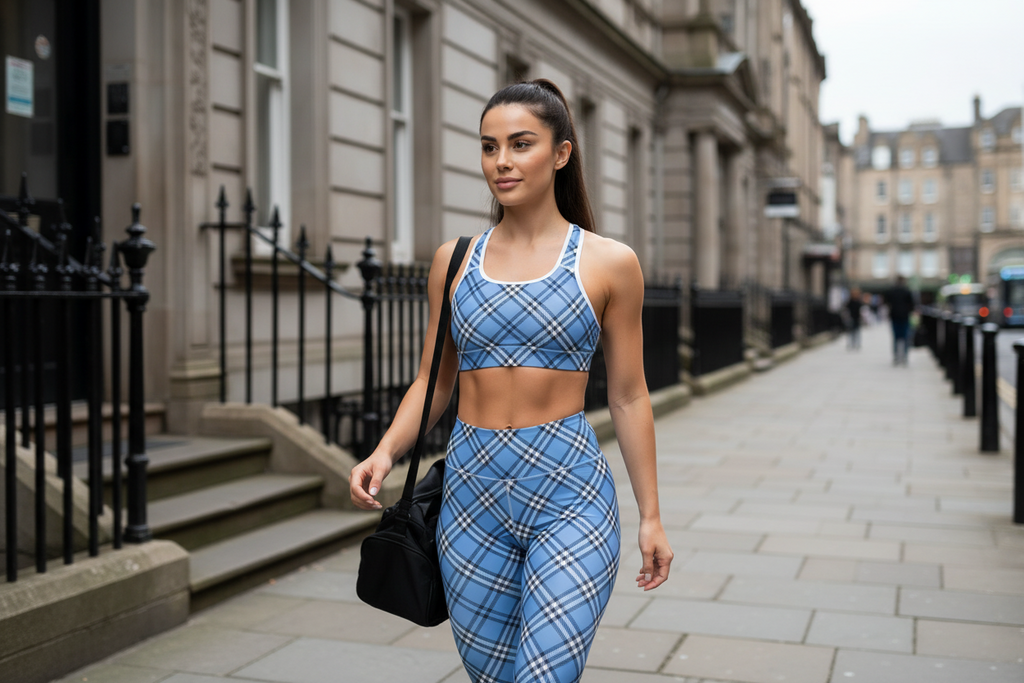 GymBum UK Highland Check Padded Sports Bra– Blue