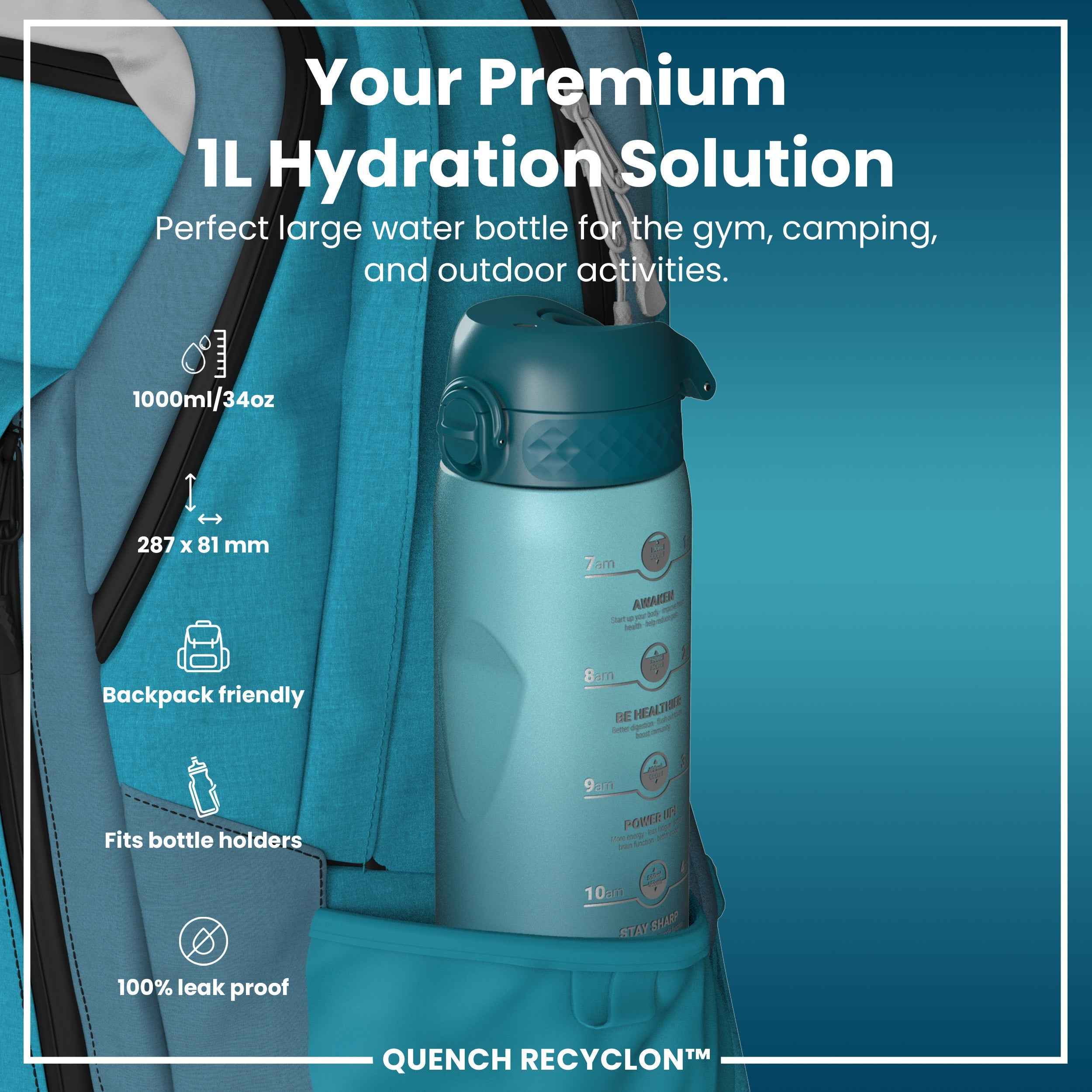Leak Proof 1 Litre Water Bottle with Times to Drink, Recyclon, Teal & Blue, 1L