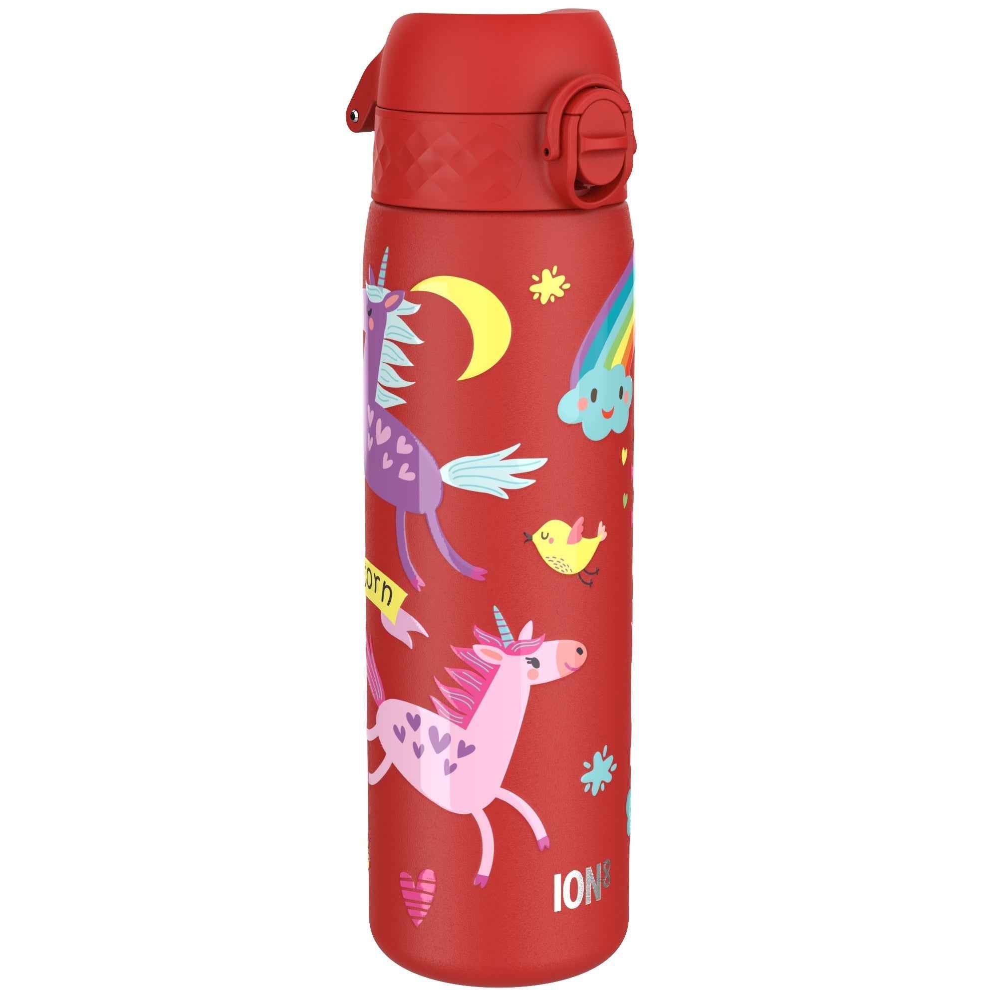 Leak Proof Slim Water Bottle, Stainless Steel, Red Unicorns, 600ml (20oz)