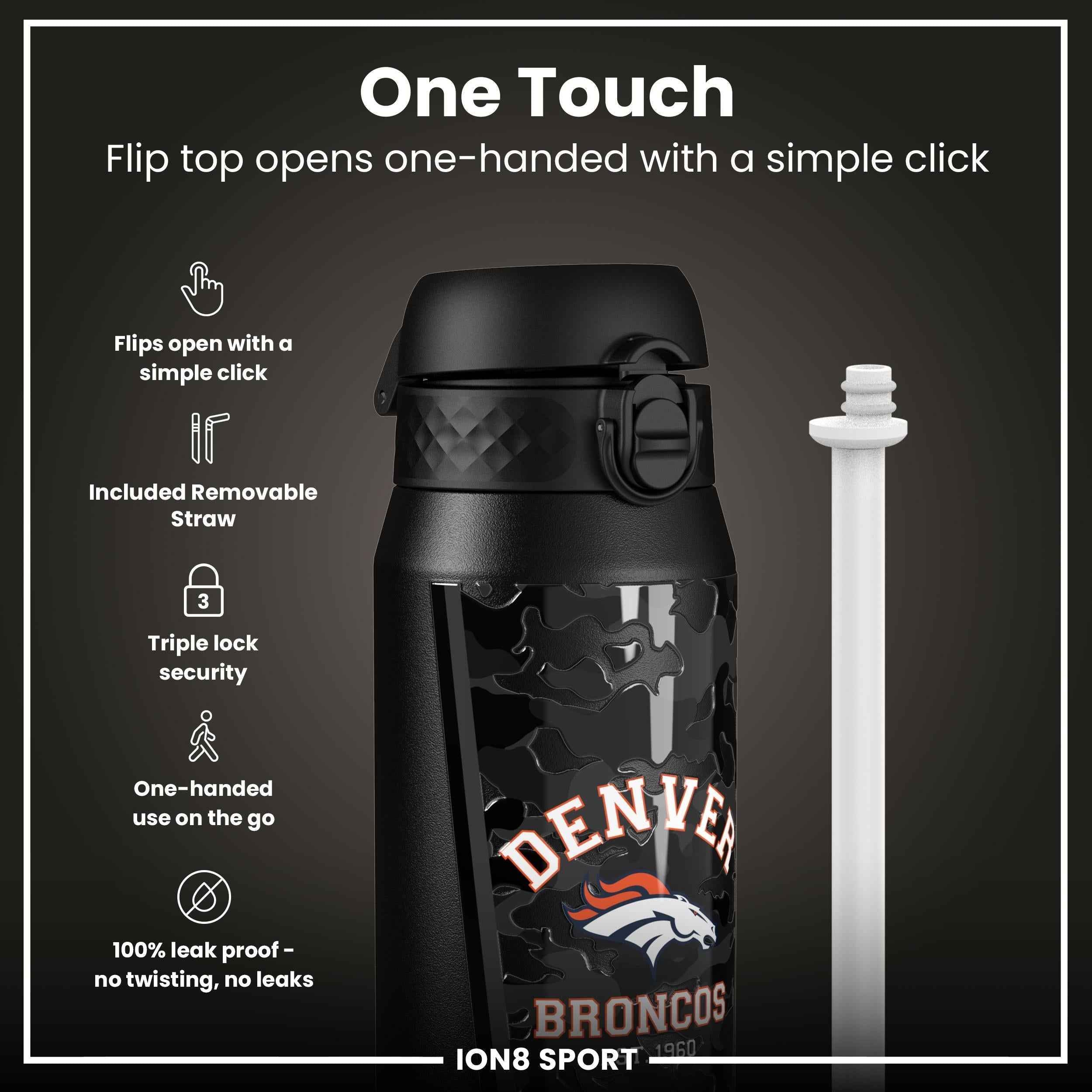 NFL x ION8 Insulated Steel Water Bottle, NFL Broncos, 750ml (24oz)